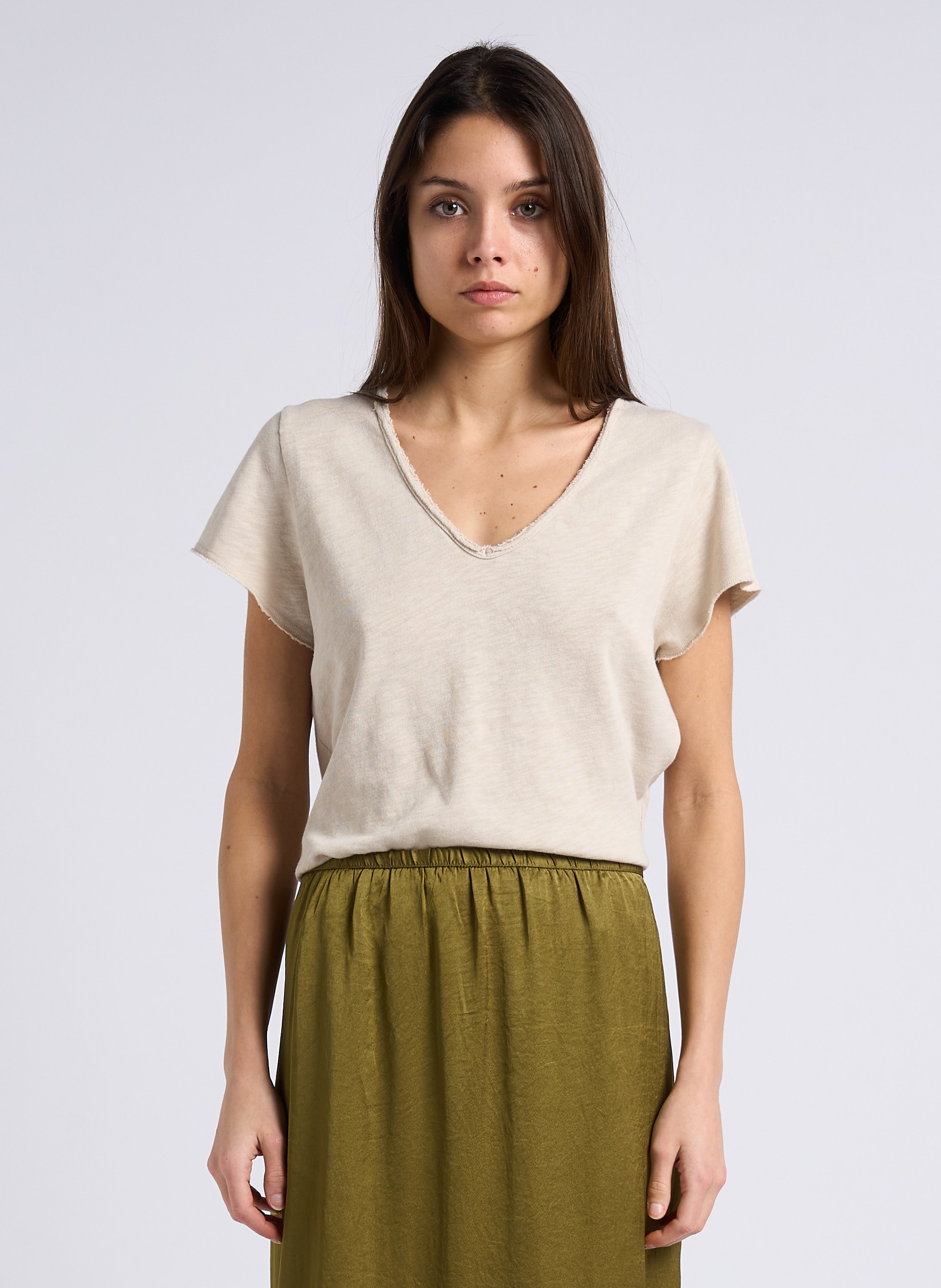 Tee-shirt droit col V en coton AMERICAN VINTAGE Beige