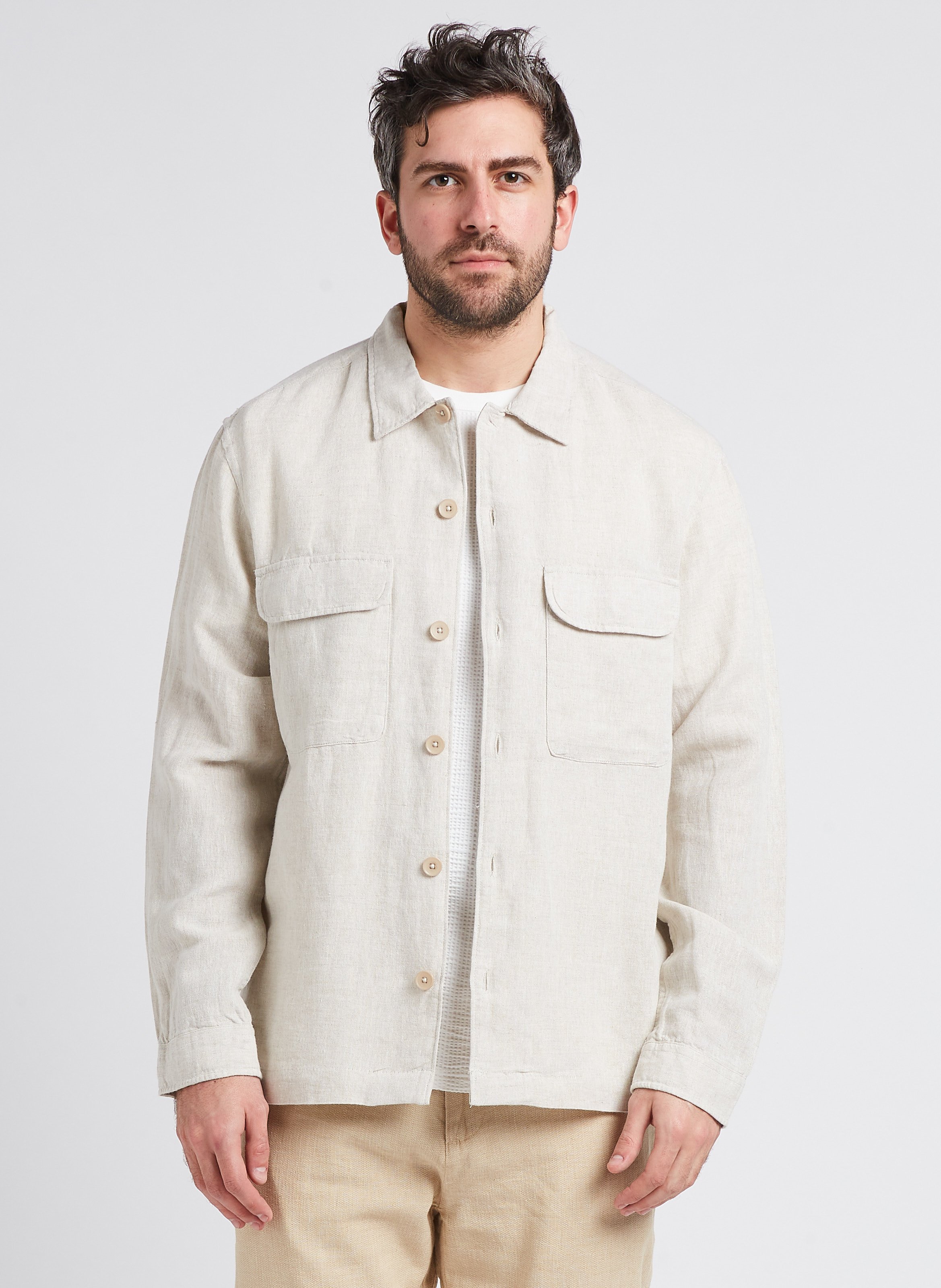 Straight linen-blend shirt with classic collar SELECTED Beige
