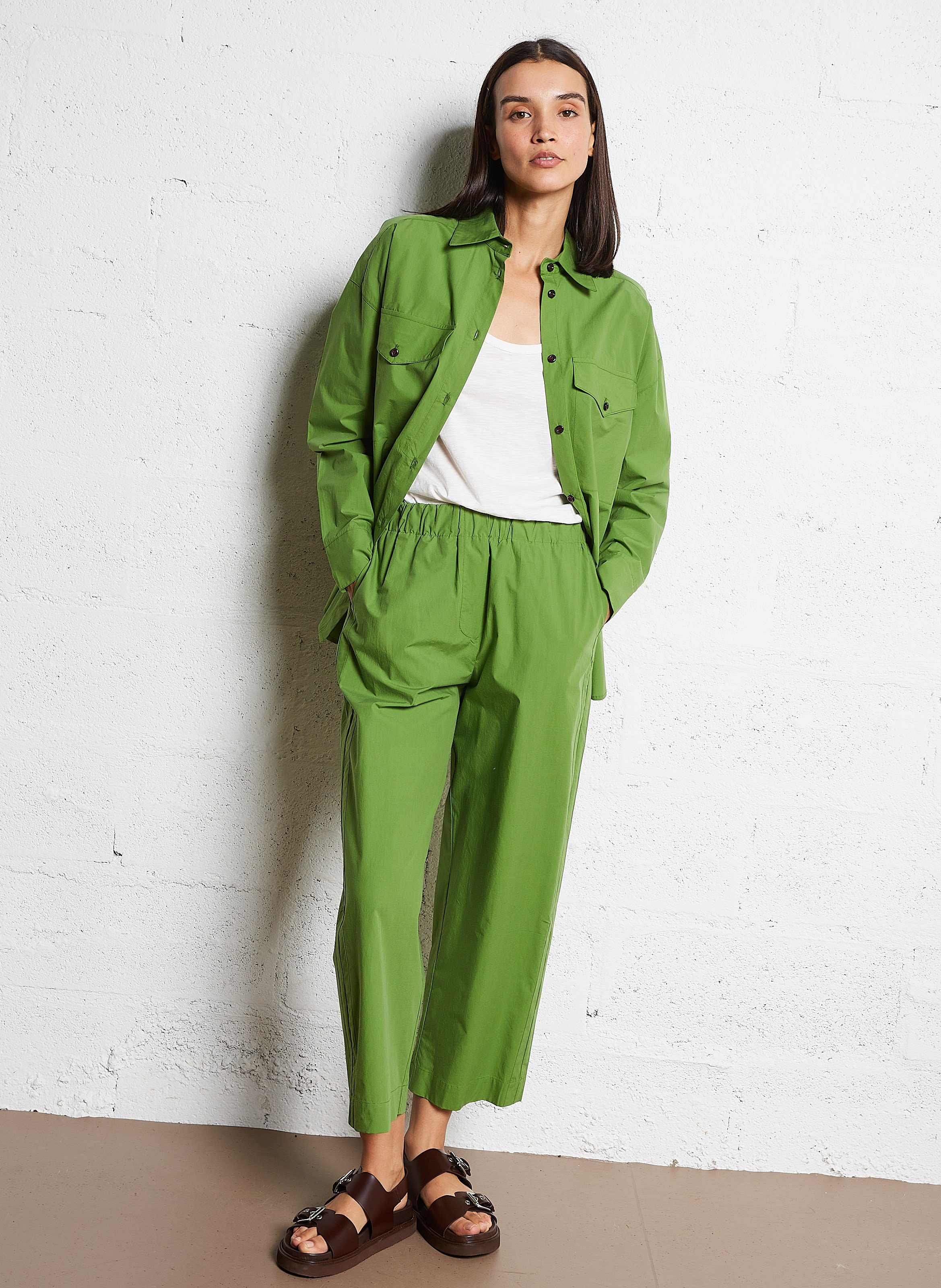 Wijde broek van katoen met hoge taille BELLEPIECE Groen