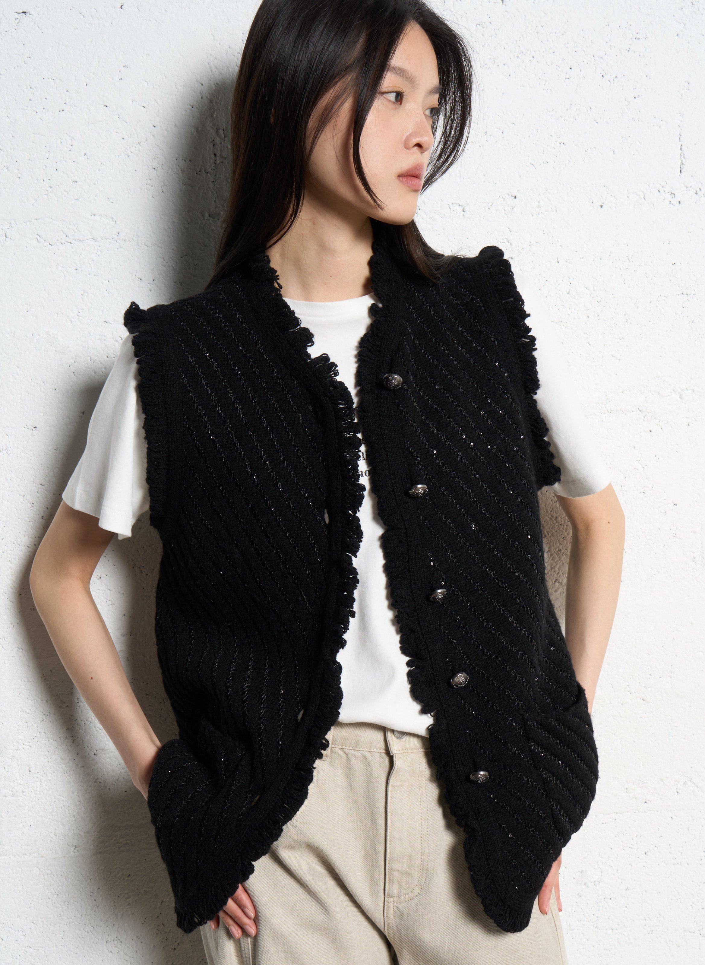 Mouwloos rechte cardigan met pailletten IKKS Zwart