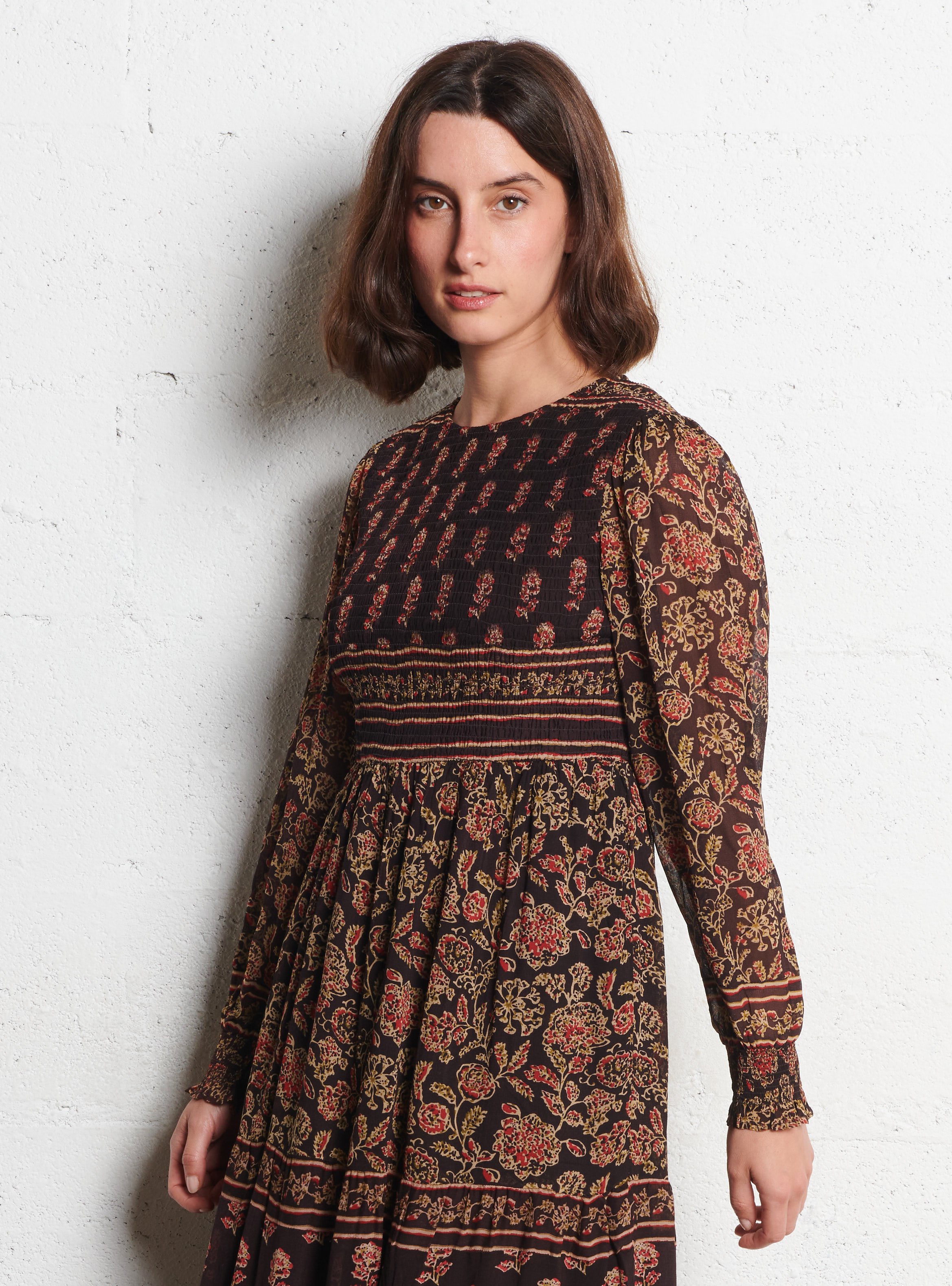 Long floral print v-Neck dress Fuchsia pink multi colour
