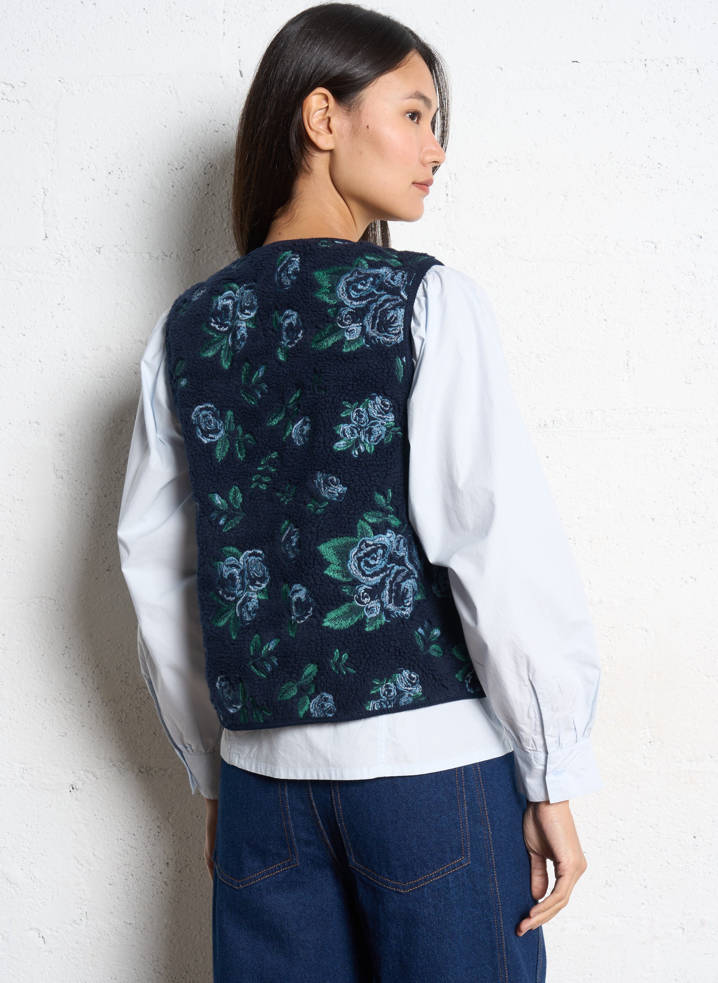 Veste droite col V brodée THE TINY BIG SISTER Bleu