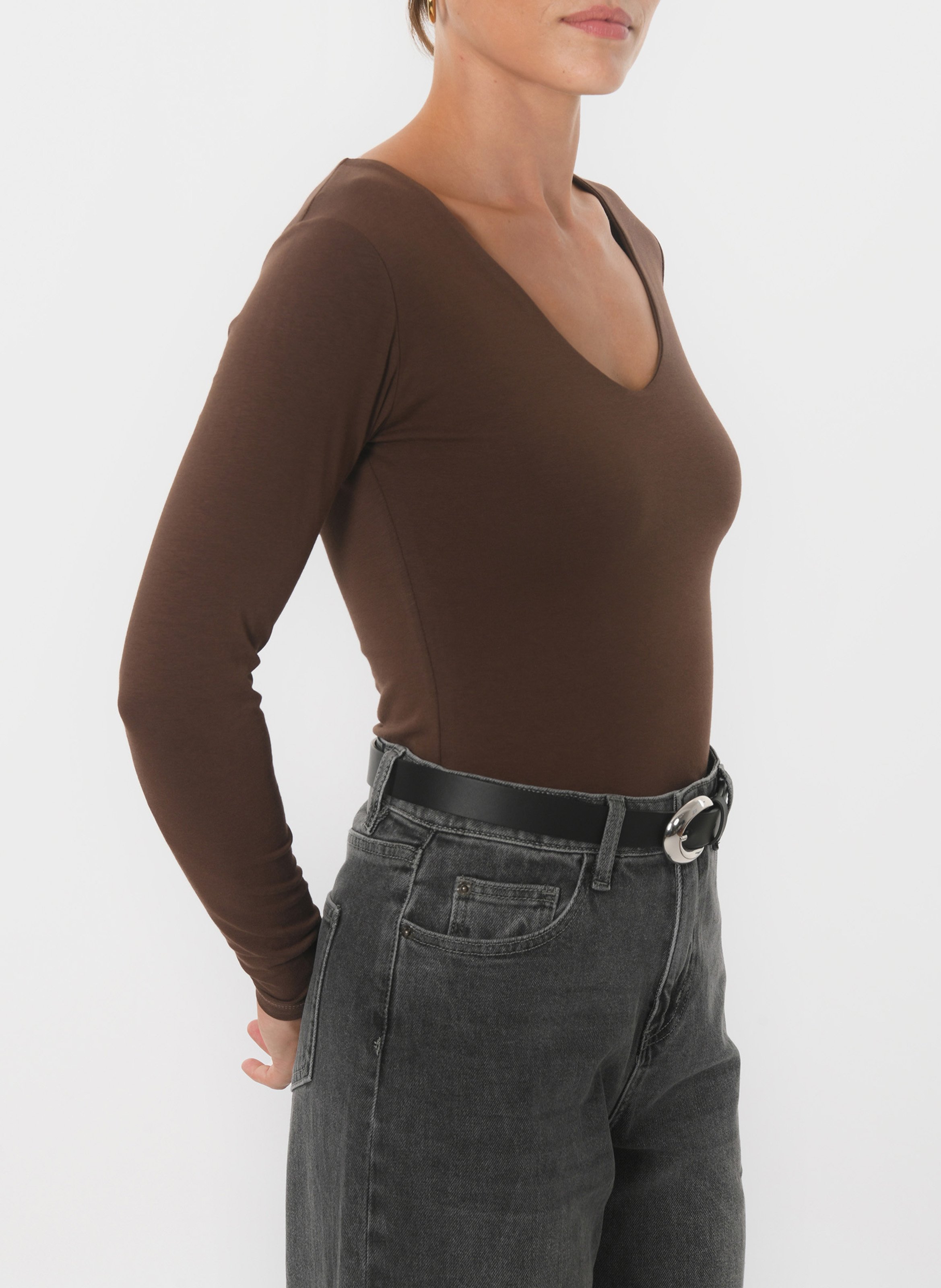 Tee-shirt moulant col V en coton mélangé KOOKAI Beige