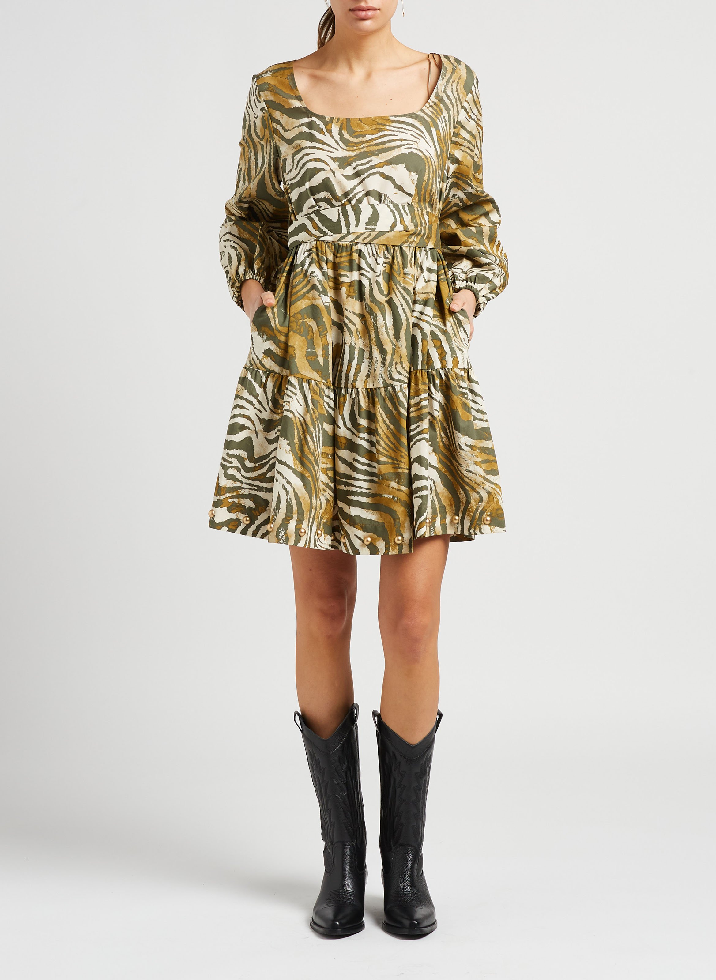 Short cotton dress with animal print Khaki