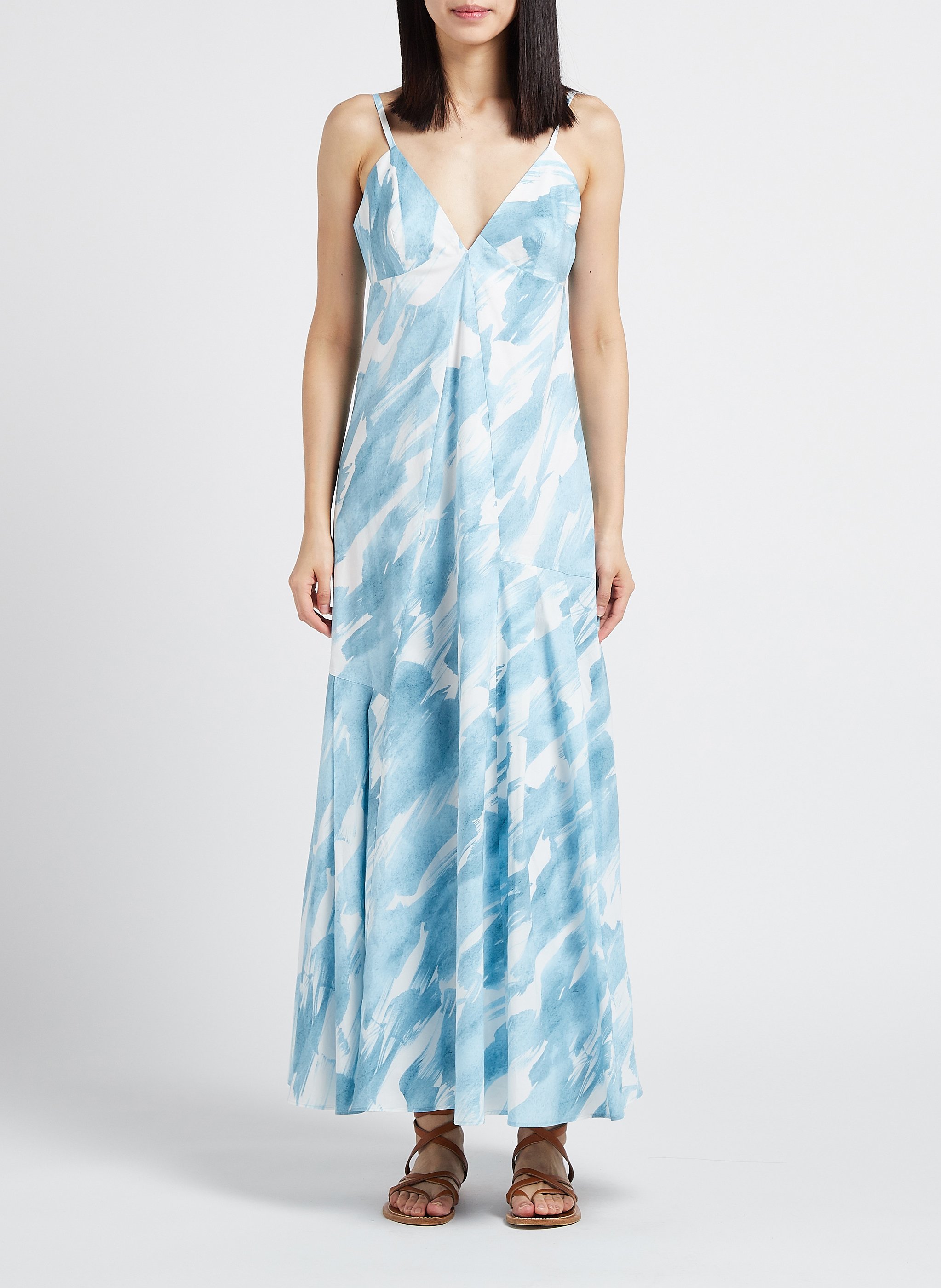 Robe longue col V imprimée en coton mélangé MARGAUX LONNBERG Bleu