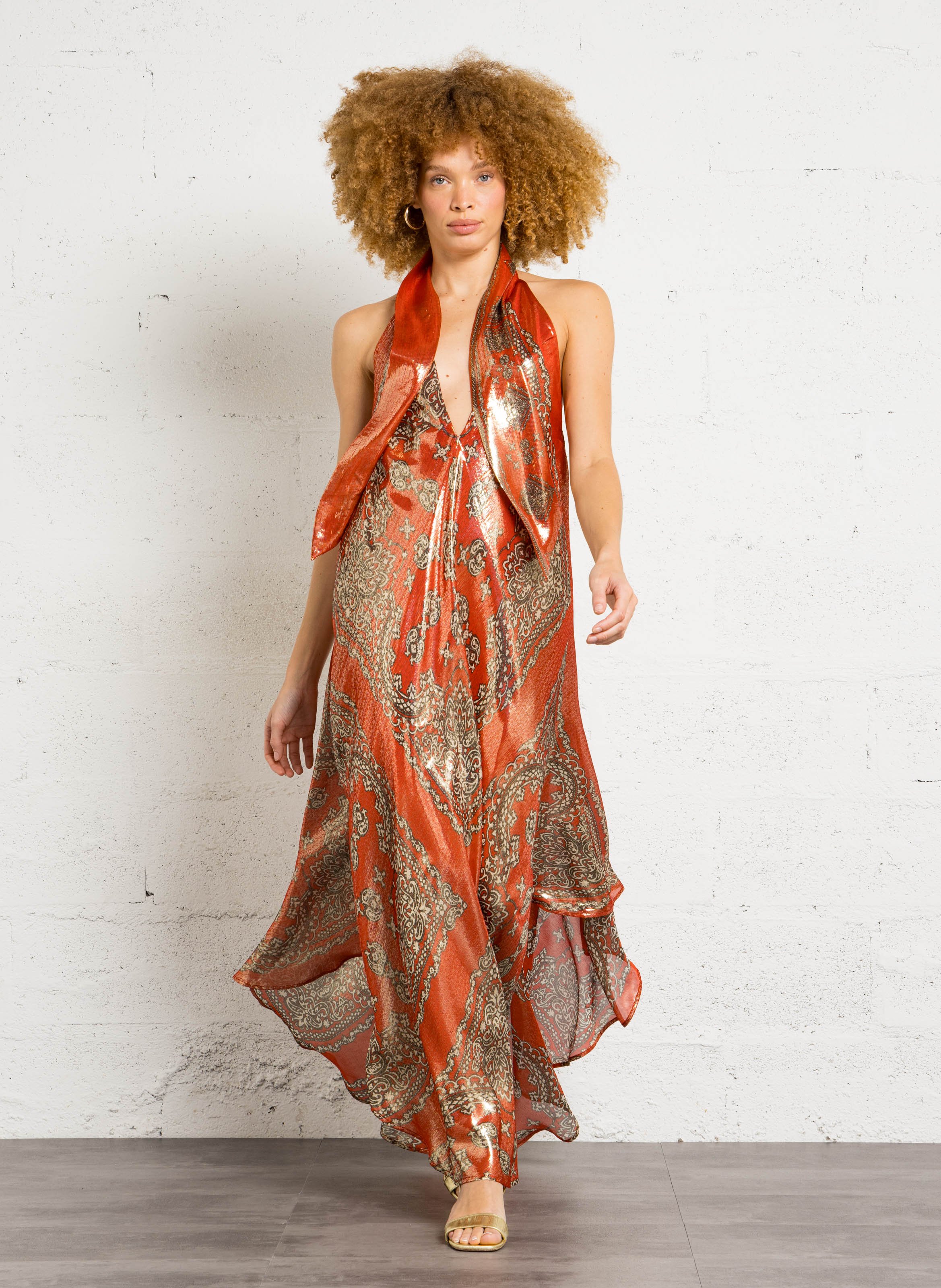 Bedrucktes V-Ausschnitt-Kleid mit Metallic-Details MES DEMOISELLES Rot