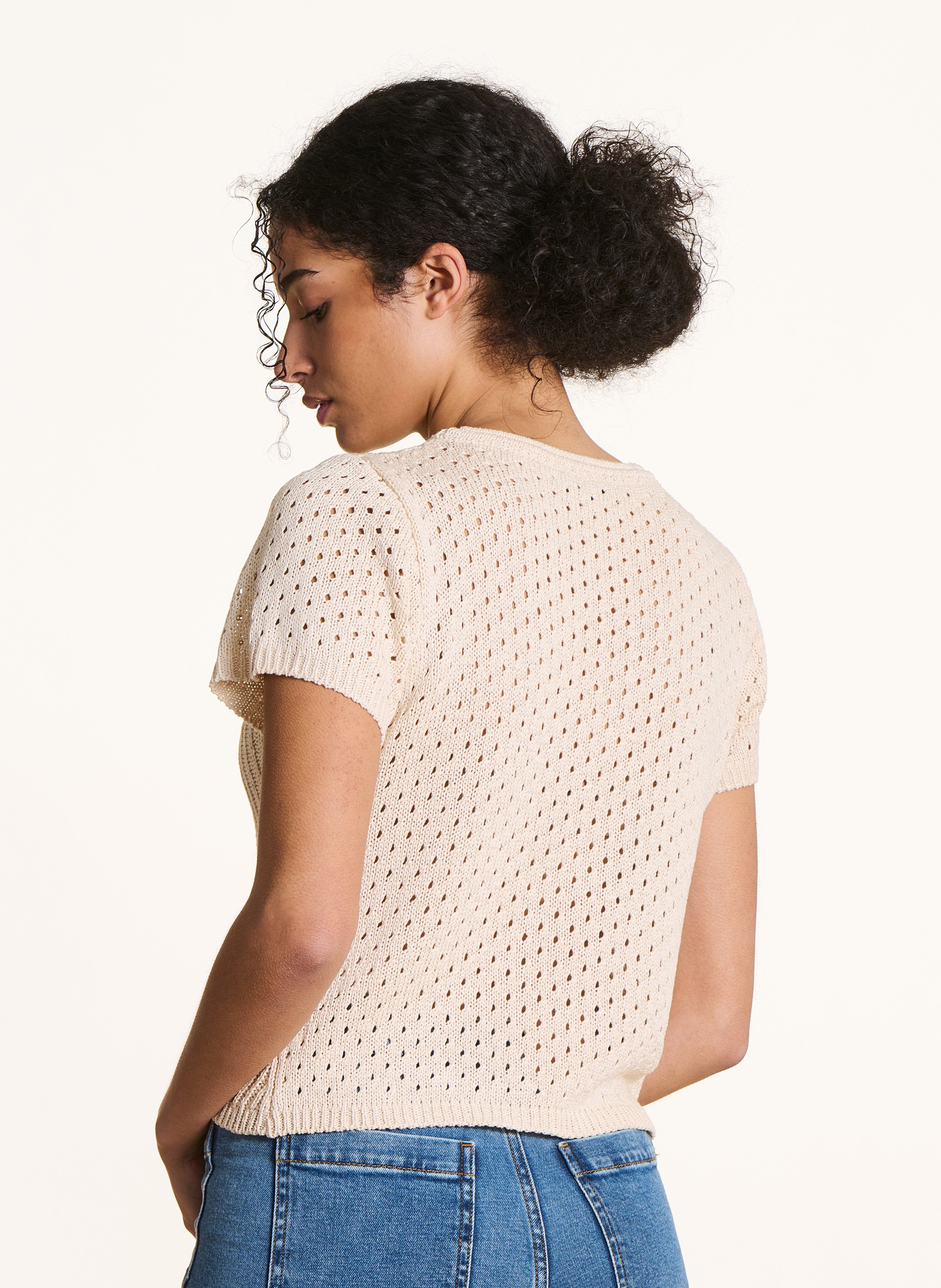 Pull manches courtes en maille crochet LA FEE MARABOUTEE Blanc