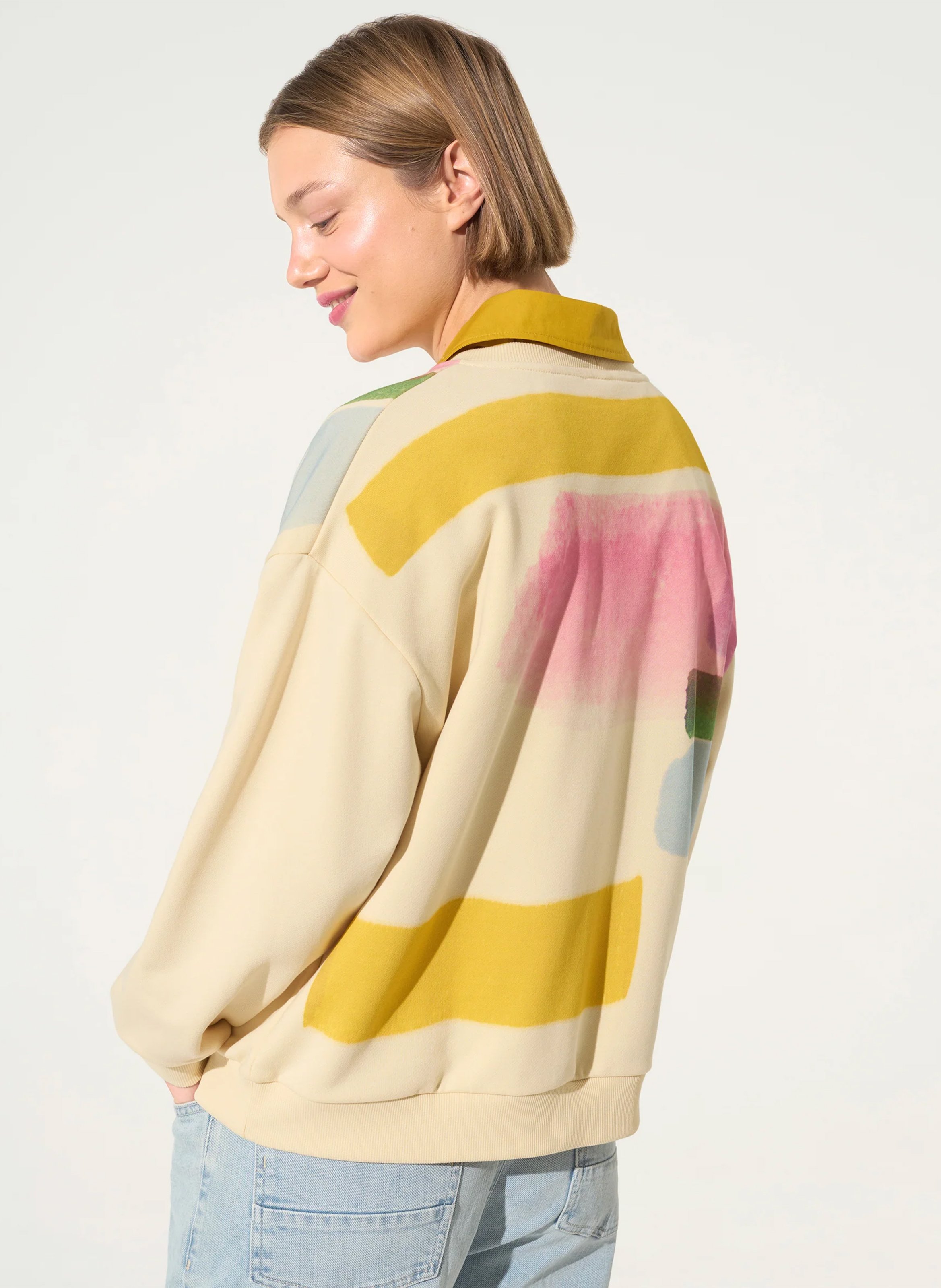 Sweat ample col rond imprimé en coton bio ACOTE Blanc