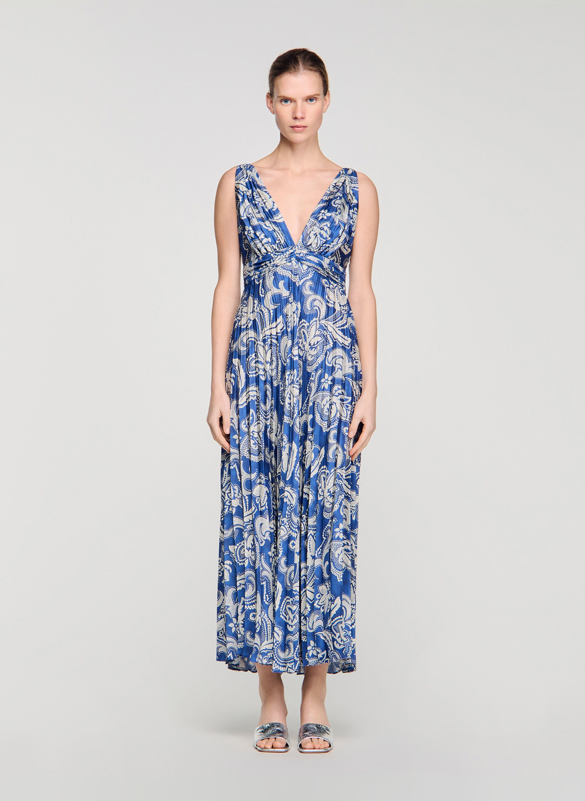 Robe longue plissée à imprimé SANDRO Bleu