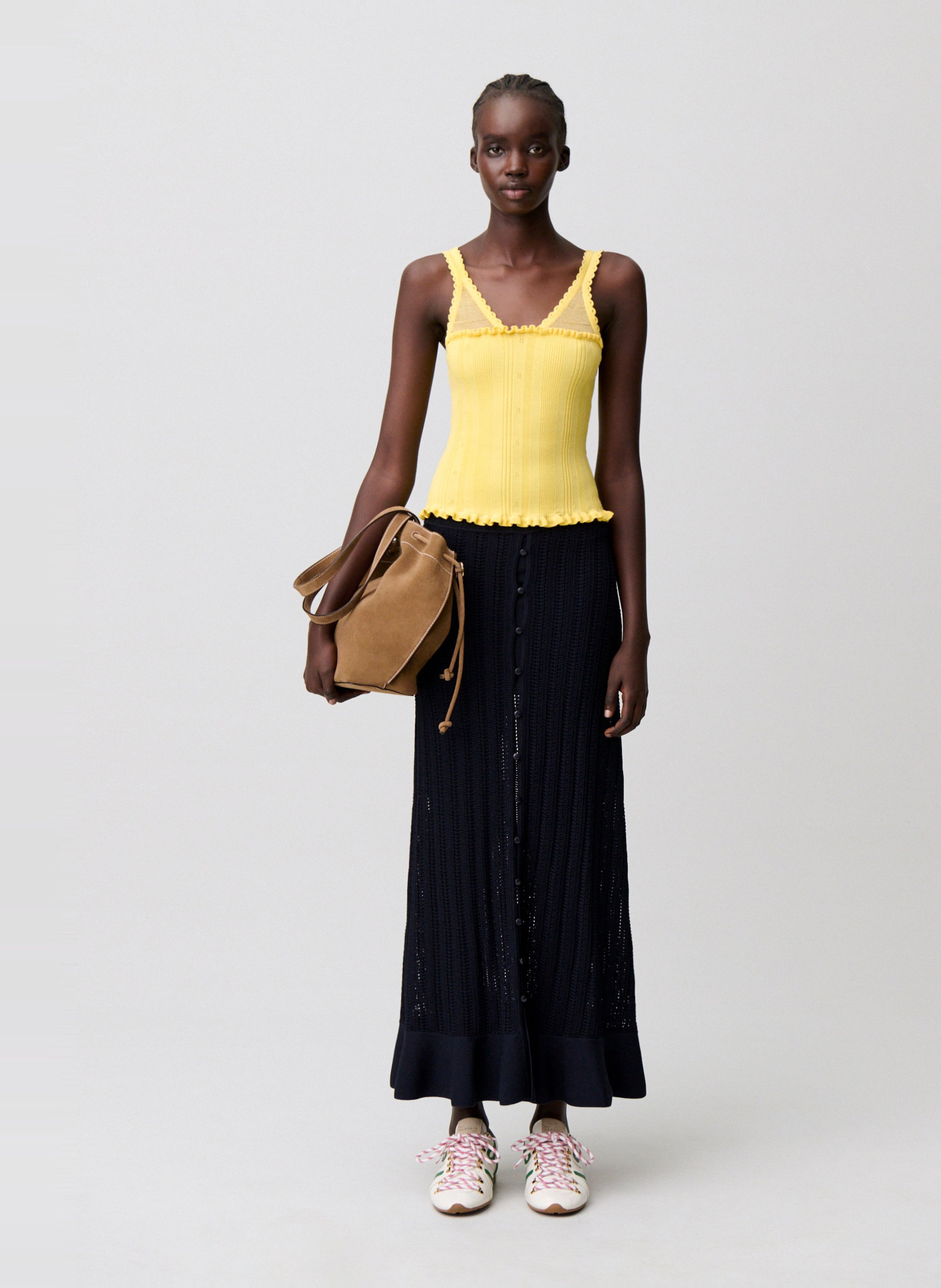 Top col V en maille pointelle CLAUDIE PIERLOT Jaune