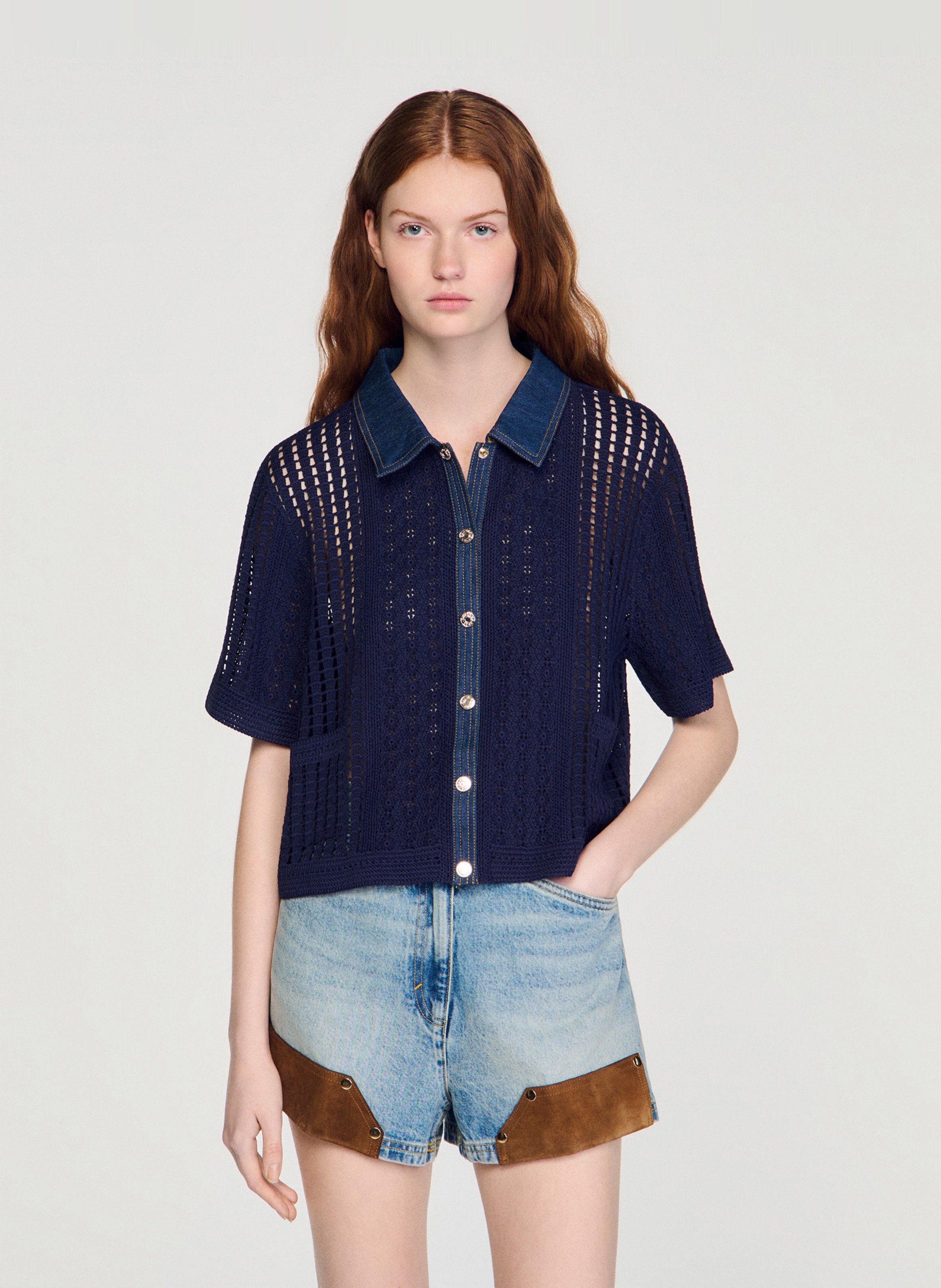 Rechte cardigan in ajourbreisel SANDRO Blauw