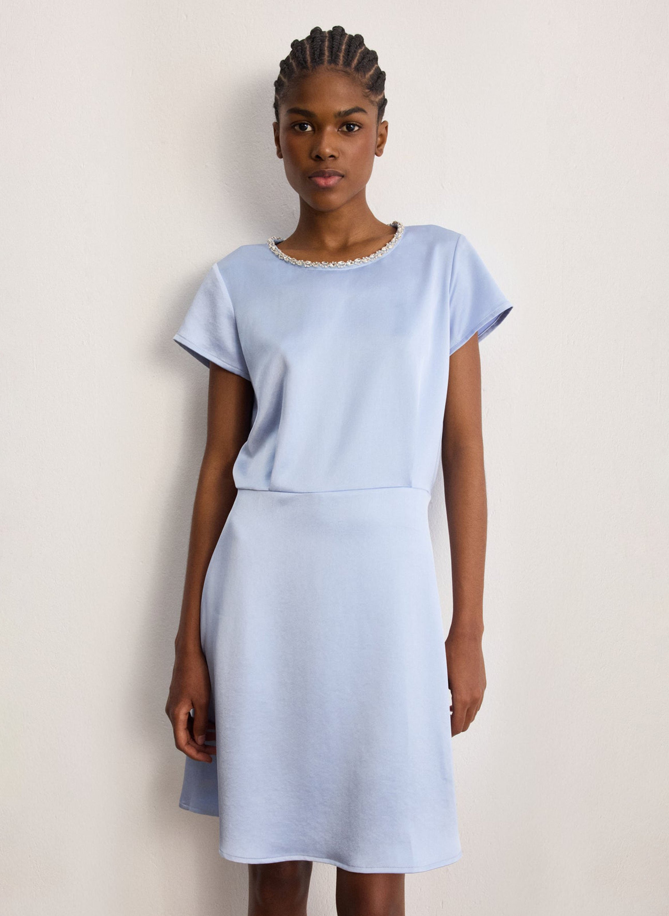 Short dress with rhinestone collar in satin PABLO Blue