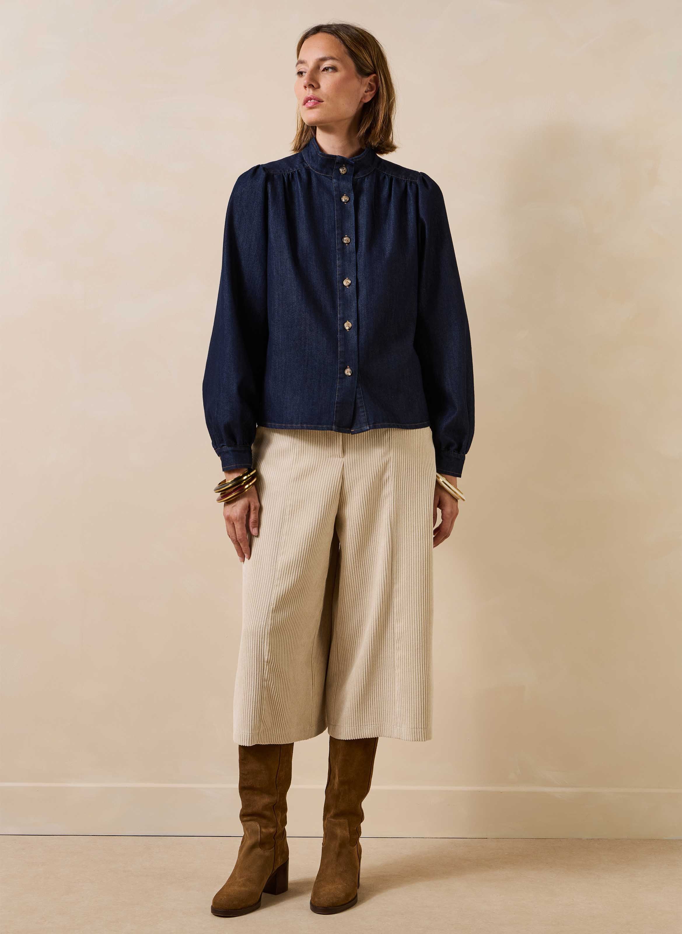 Rechte blouse met opstaande kraag van gemengd katoen LA FEE MARABOUTEE Blauw
