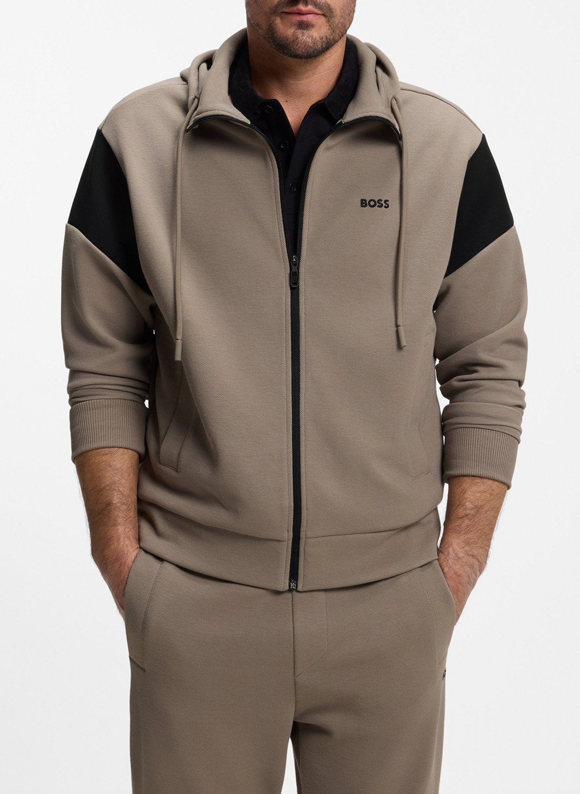 Sweat droit col montant en coton mélangé BOSS Kaki