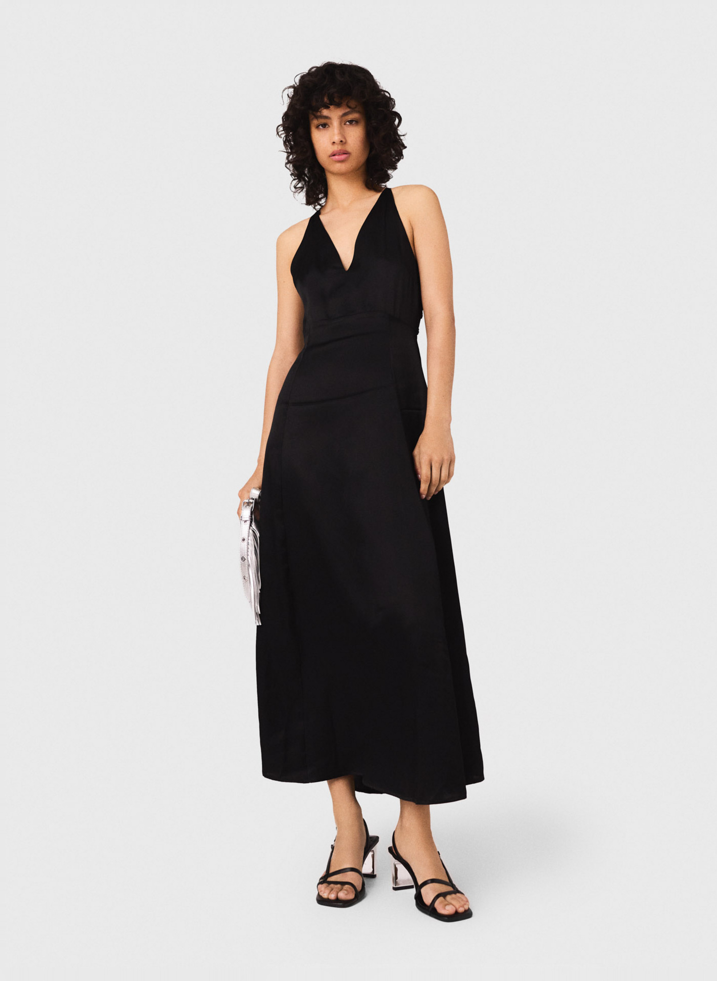 Long satin dress with V-neck MAJE Black
