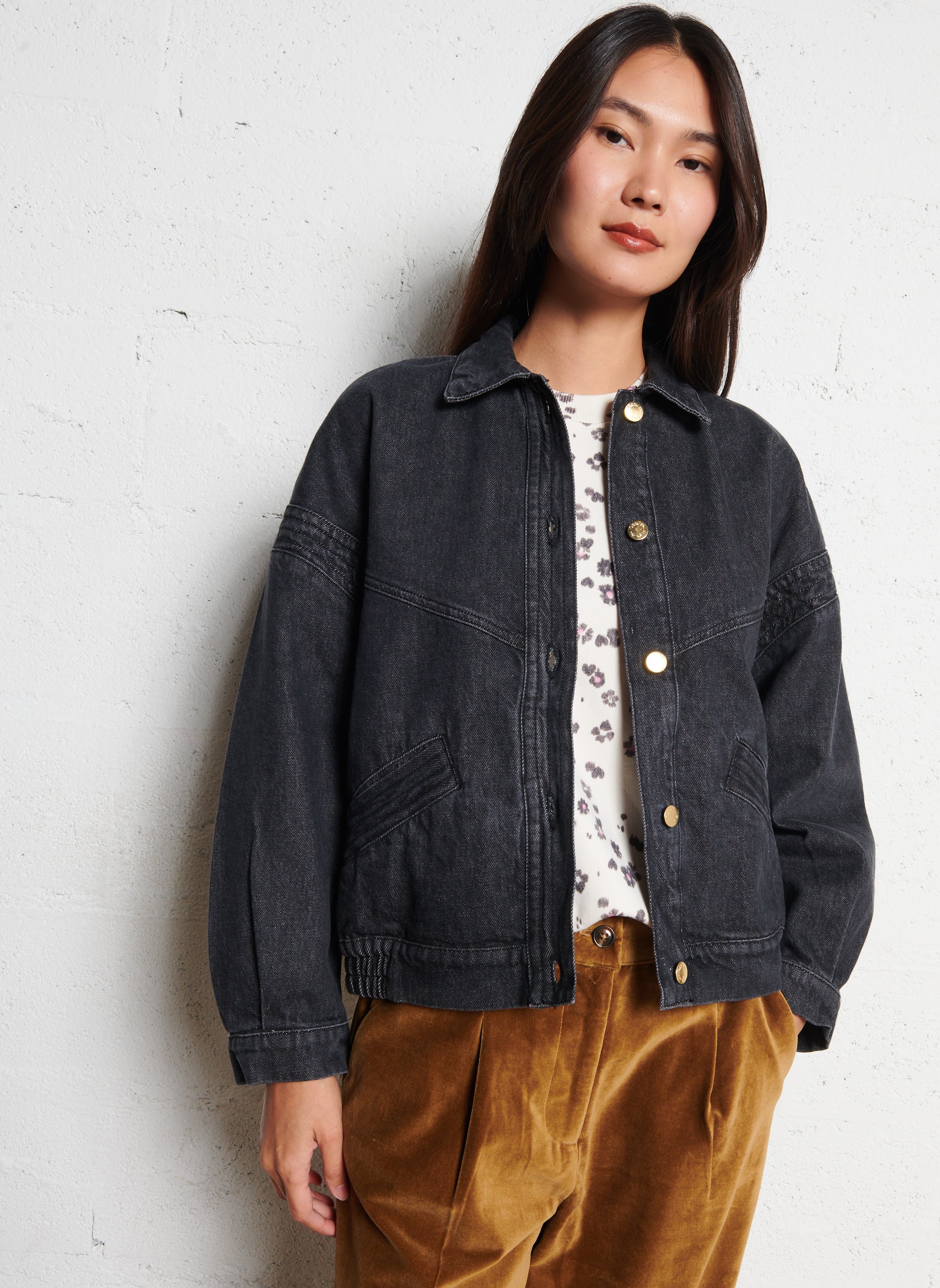 Oversized denim jacket with classic collar DES PETITS HAUTS Black