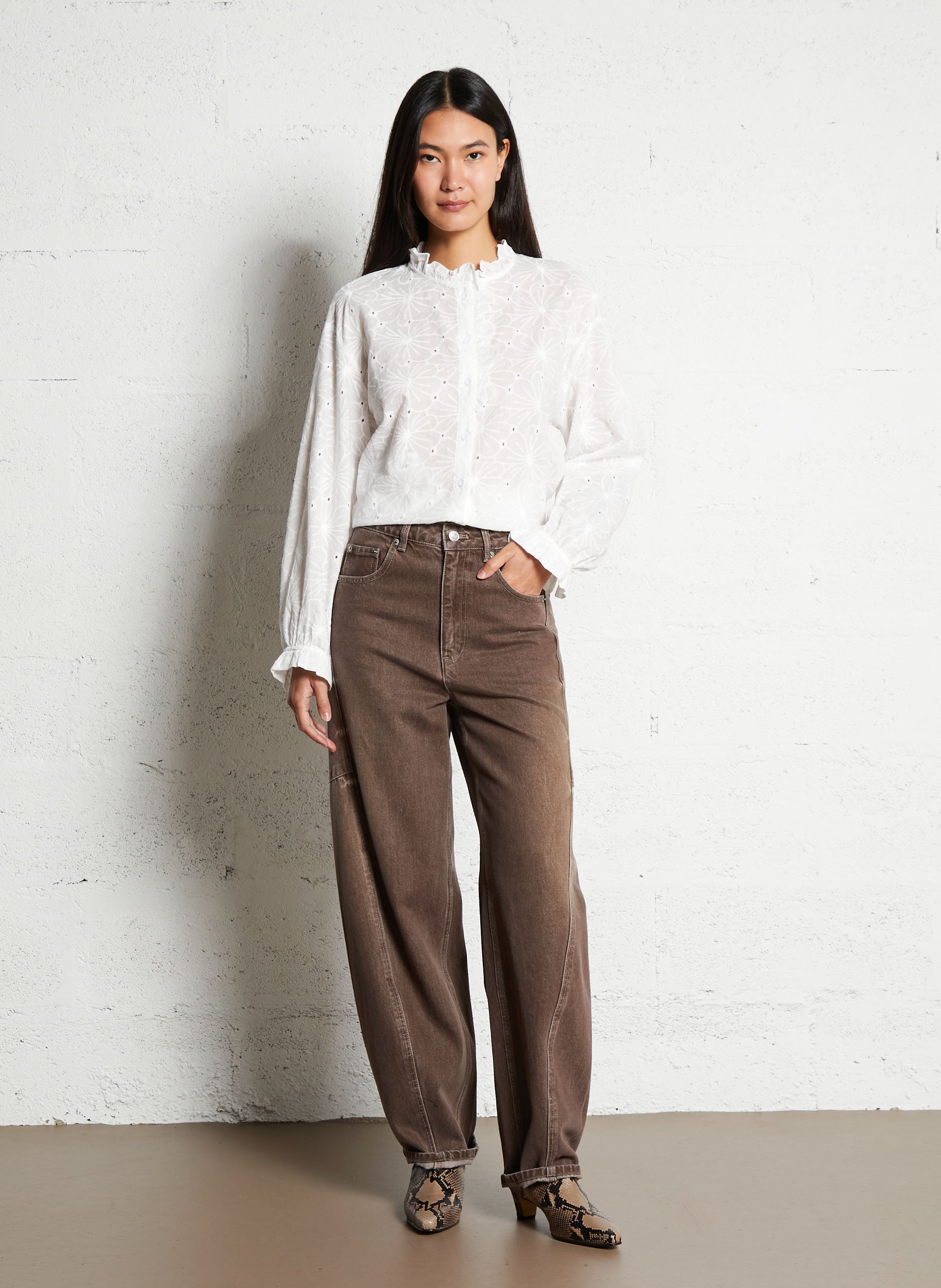 Jean droit large en coton mélangé BERENICE Marron