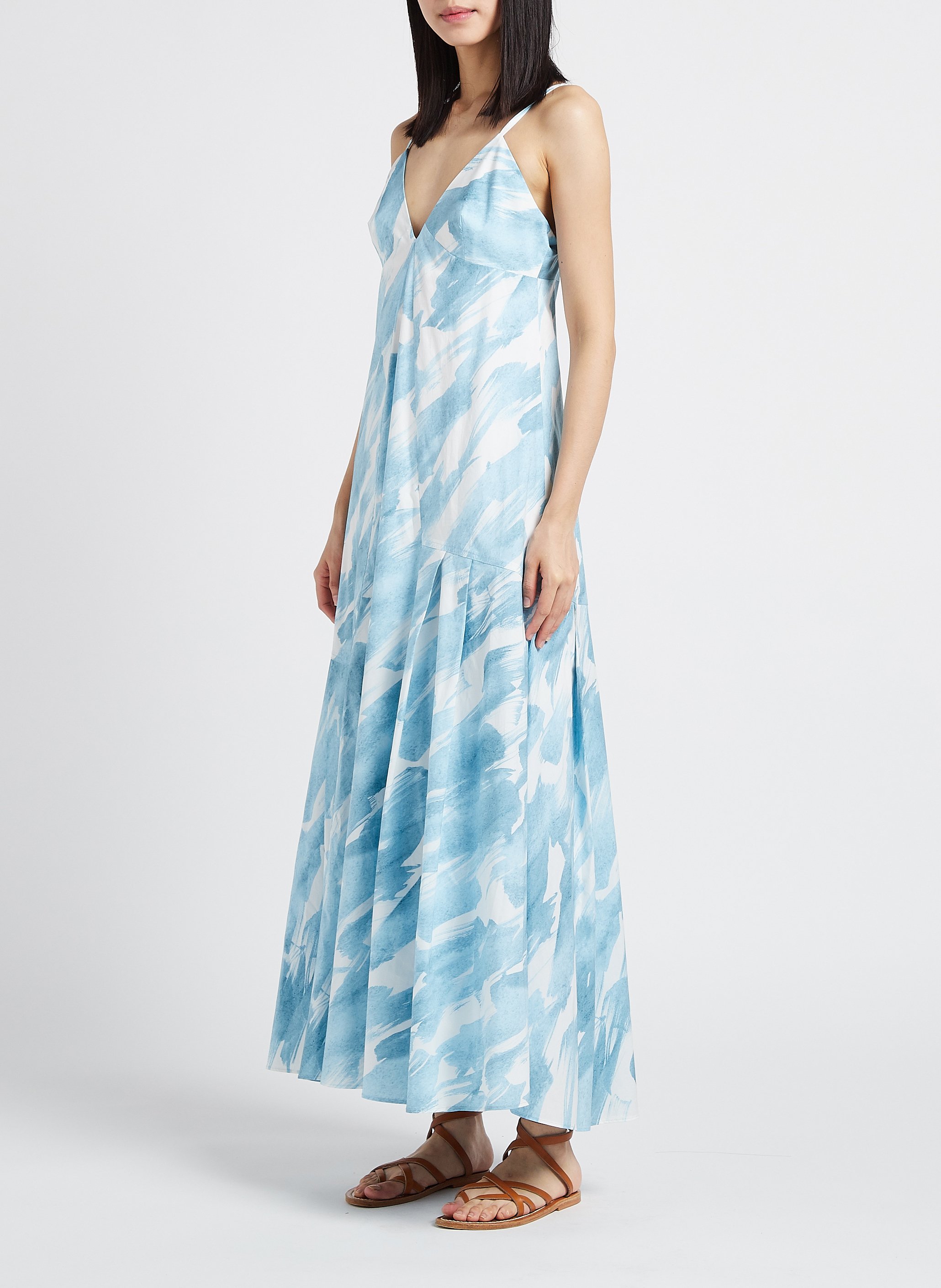 Robe longue col V imprimée en coton mélangé MARGAUX LONNBERG Bleu