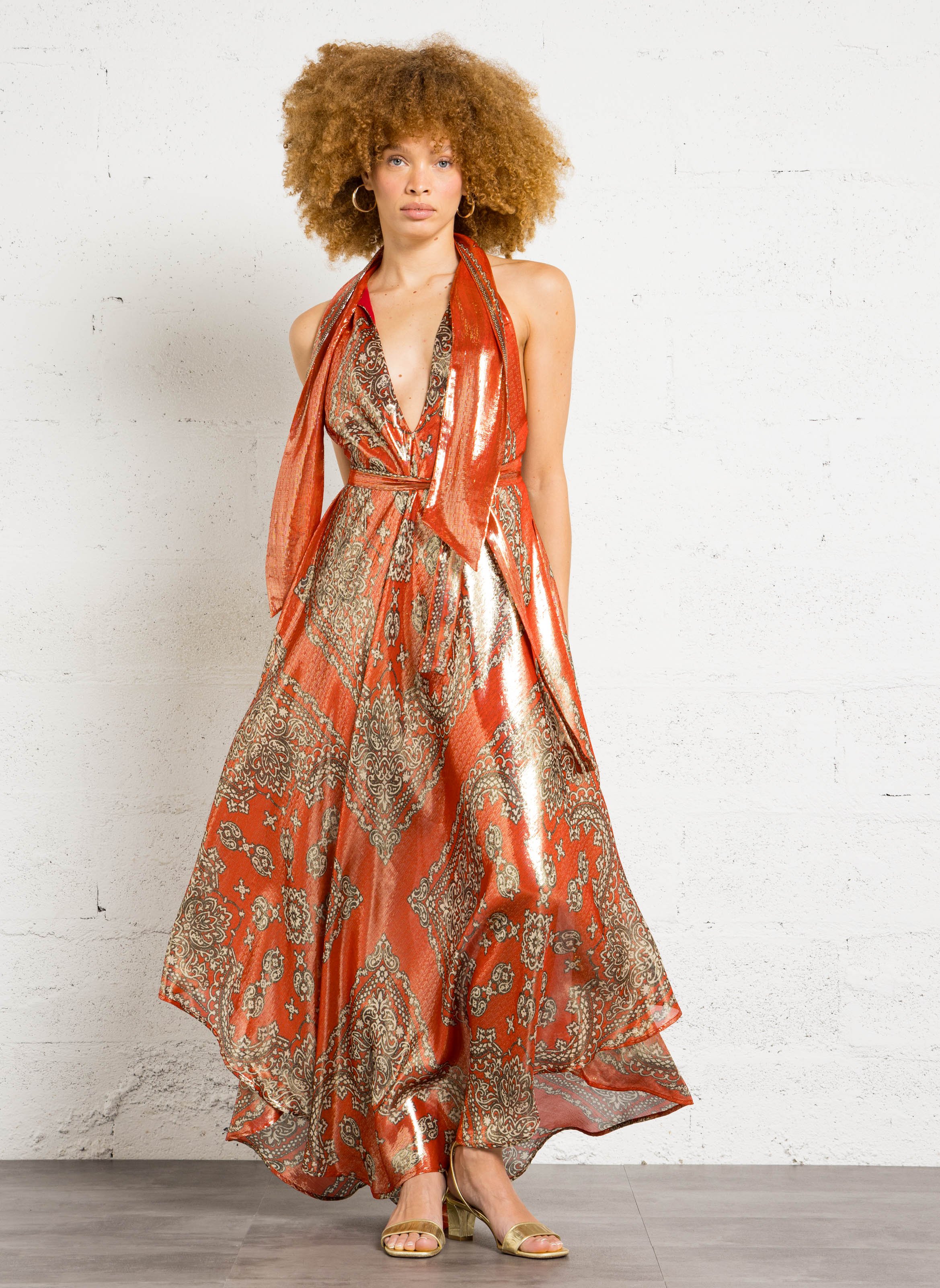 Bedrucktes V-Ausschnitt-Kleid mit Metallic-Details MES DEMOISELLES Rot