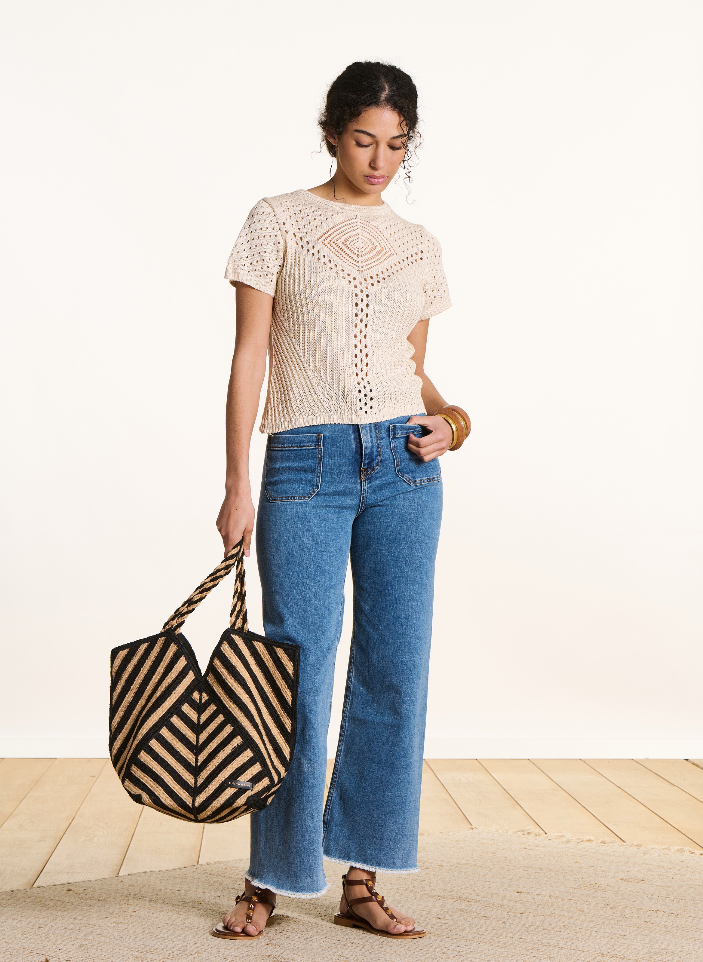 Pull manches courtes en maille crochet LA FEE MARABOUTEE Blanc