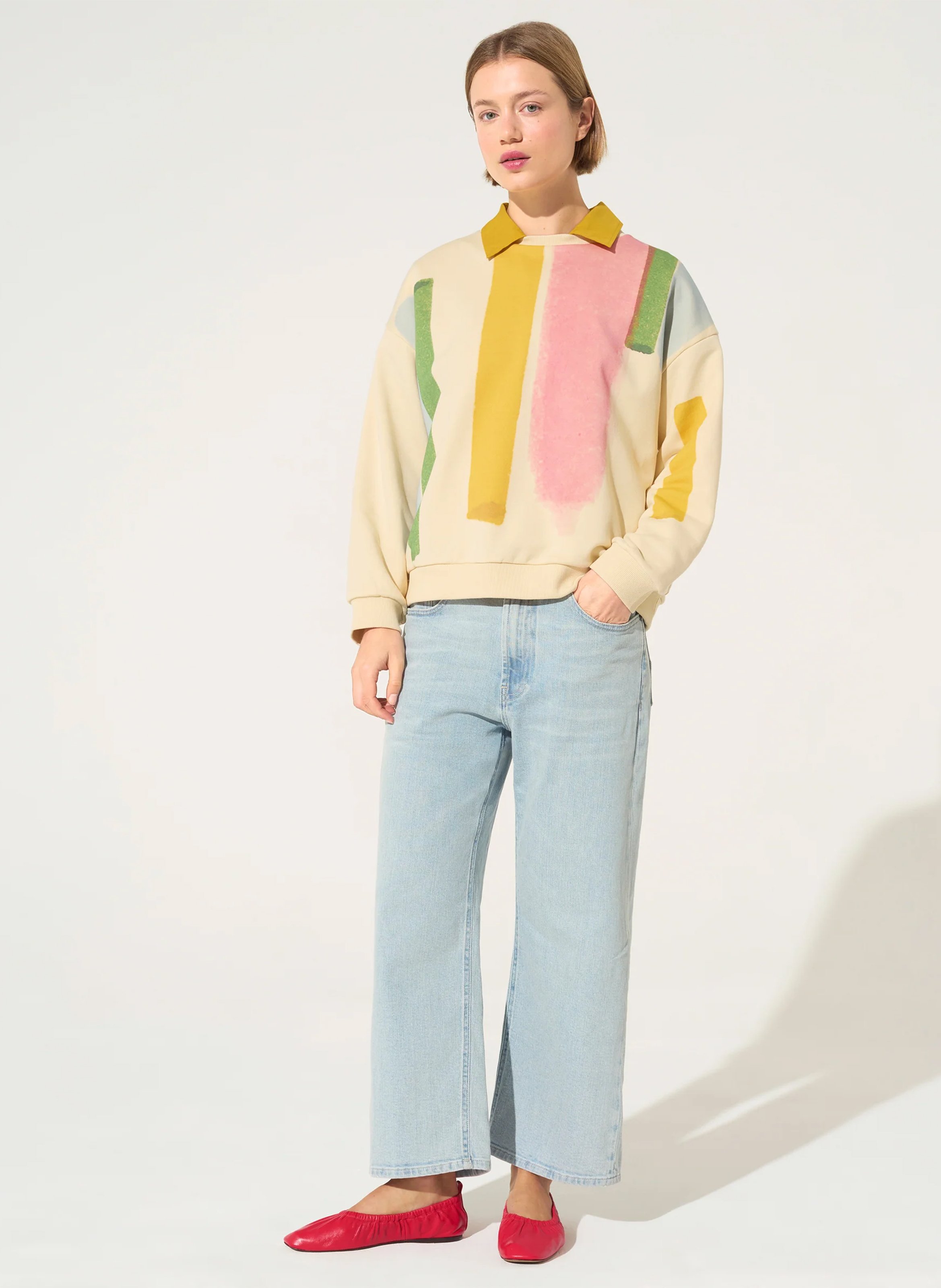 Sweat ample col rond imprimé en coton bio ACOTE Blanc