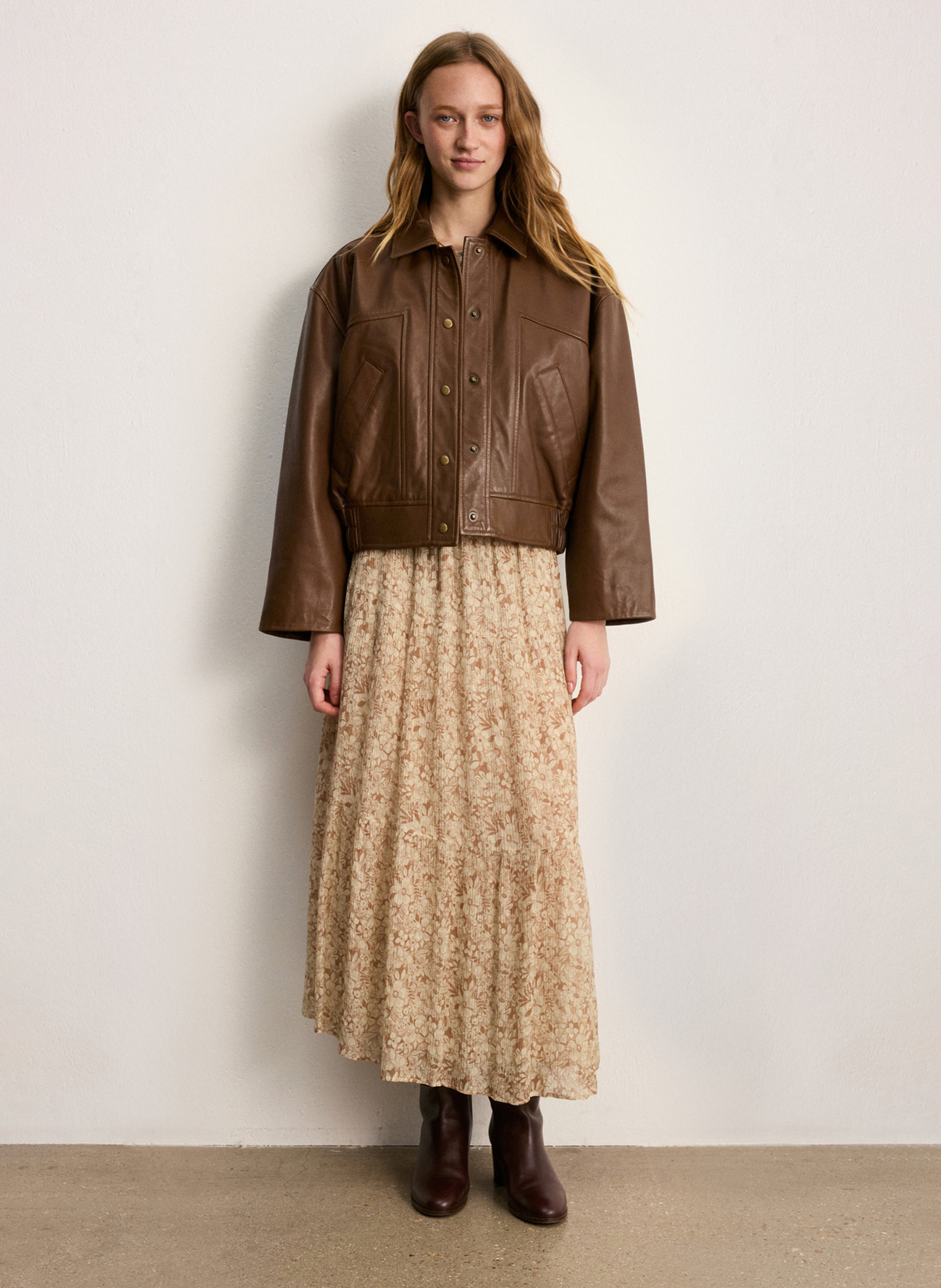 Straight leather jacket with classic collar PABLO Brown