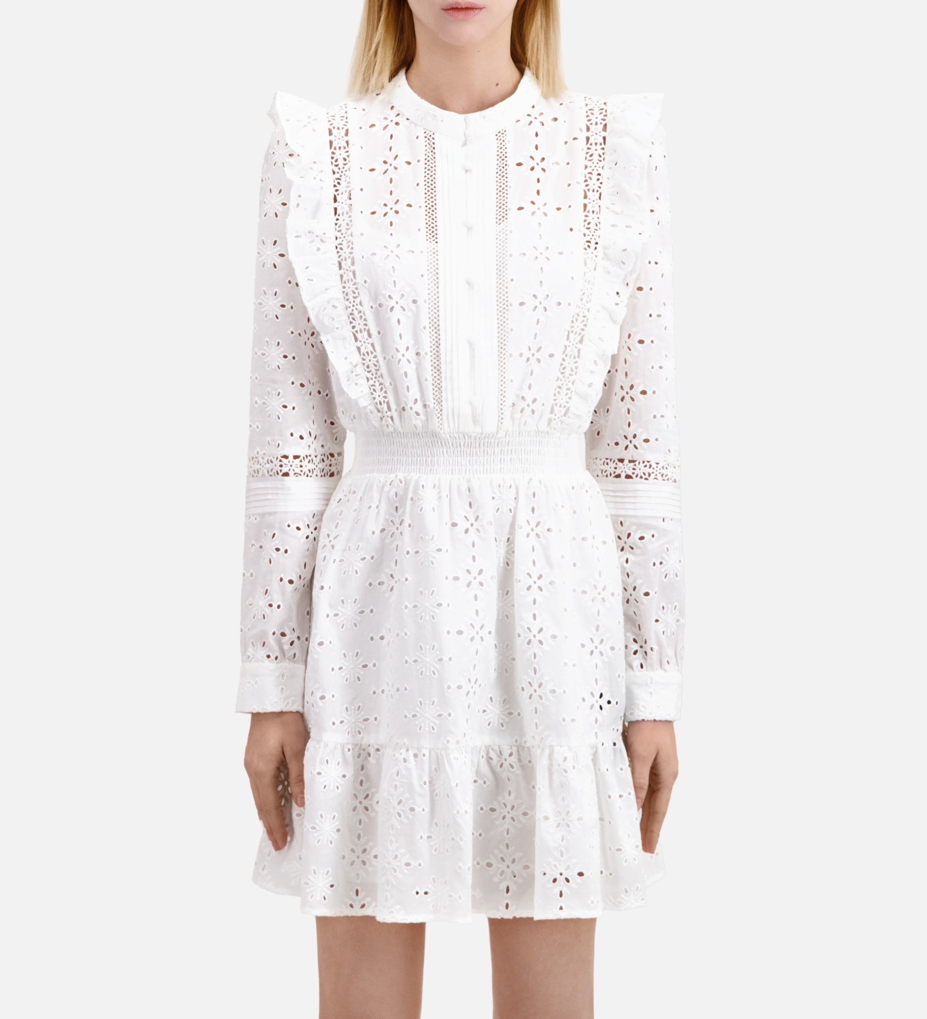 Robe courte brodée à volants en coton THE KOOPLES Blanc
