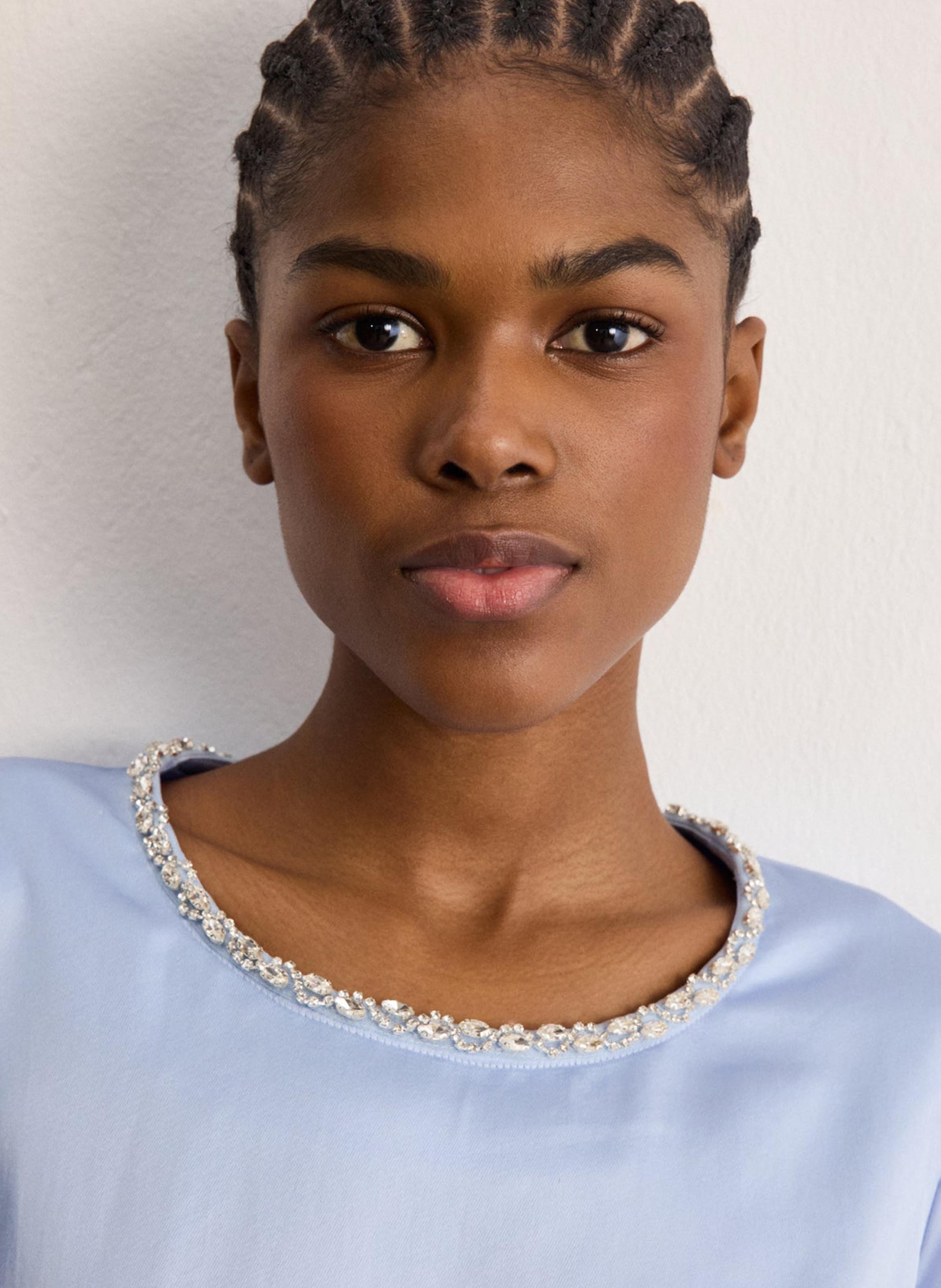 Short dress with rhinestone collar in satin PABLO Blue