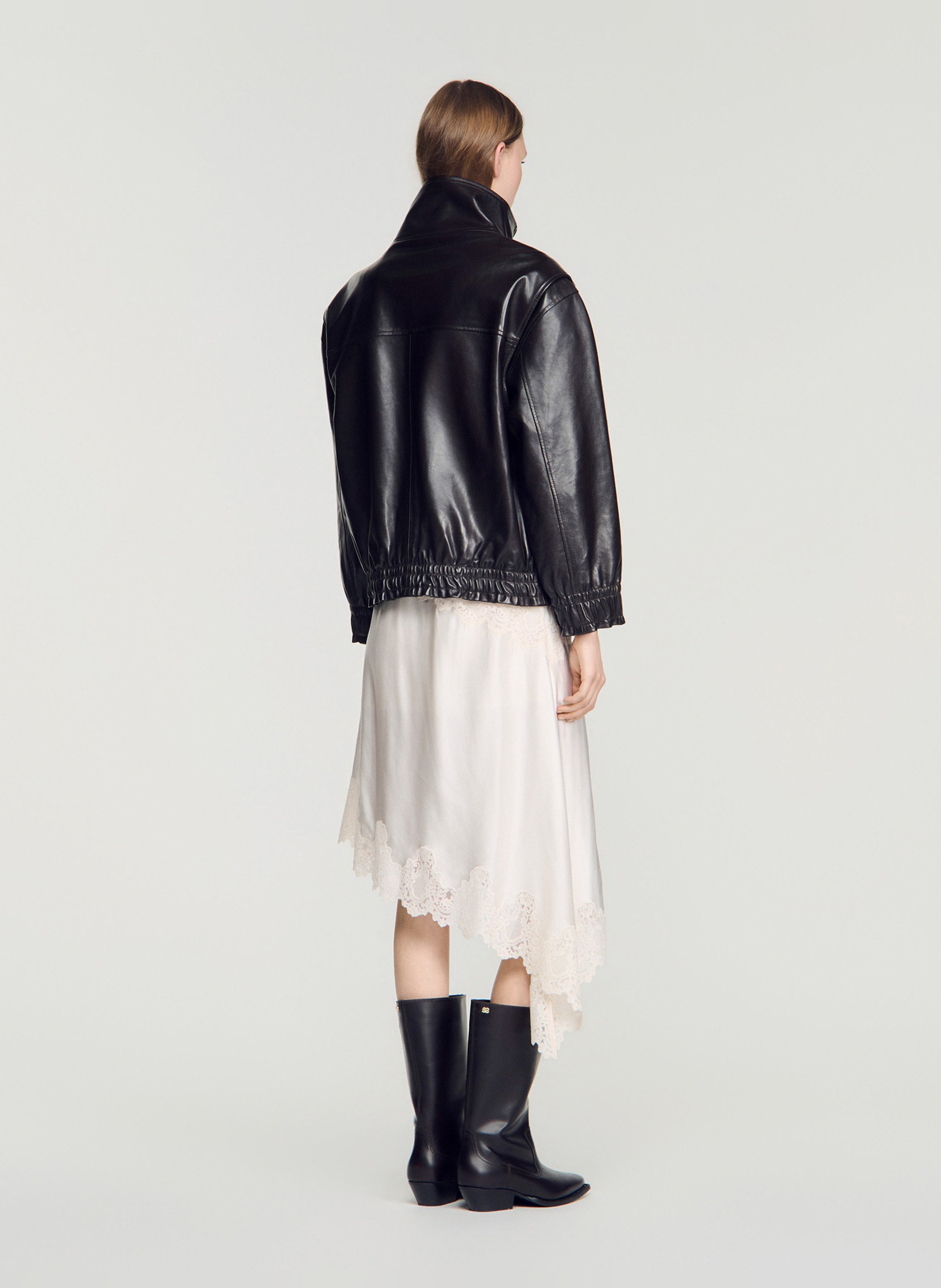 Leather jacket with stand-up collar SANDRO Brown