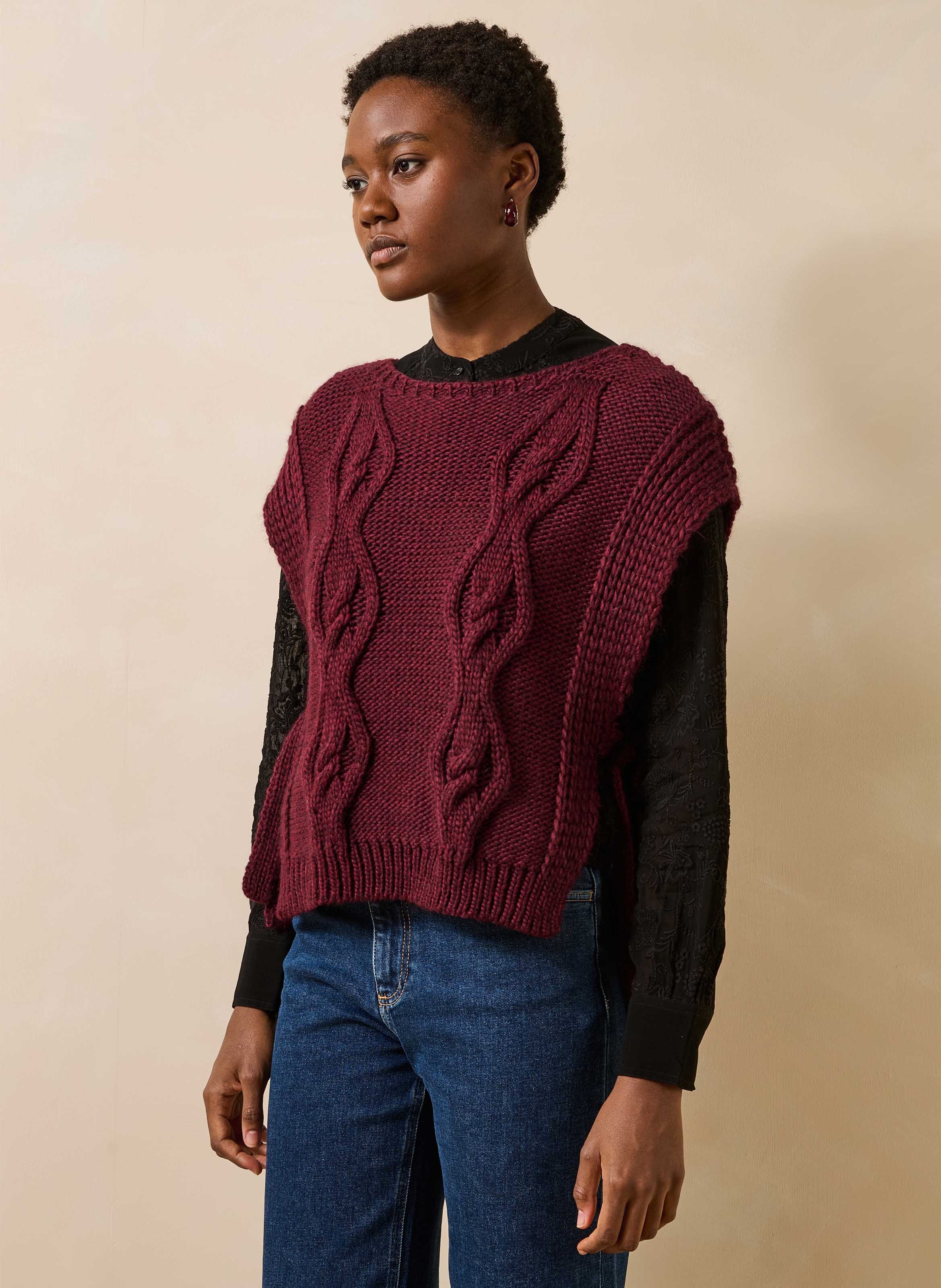 Pull sans manches ample en maille torsade LA FEE MARABOUTEE Violet