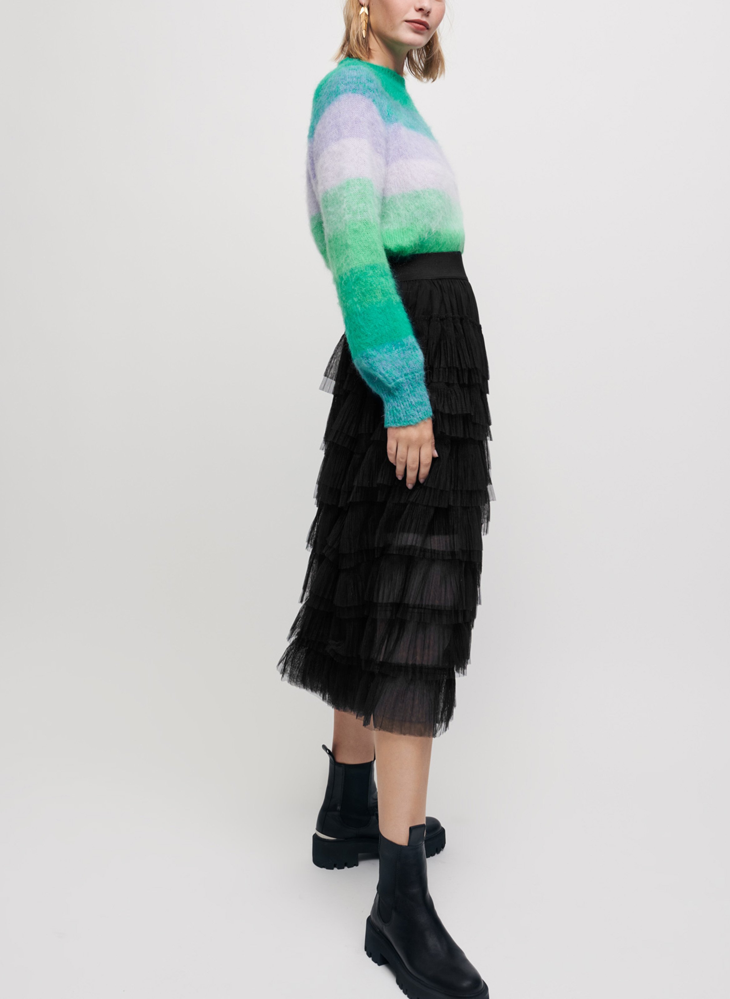 Jupe midi à volants en tulle MAJE Noir