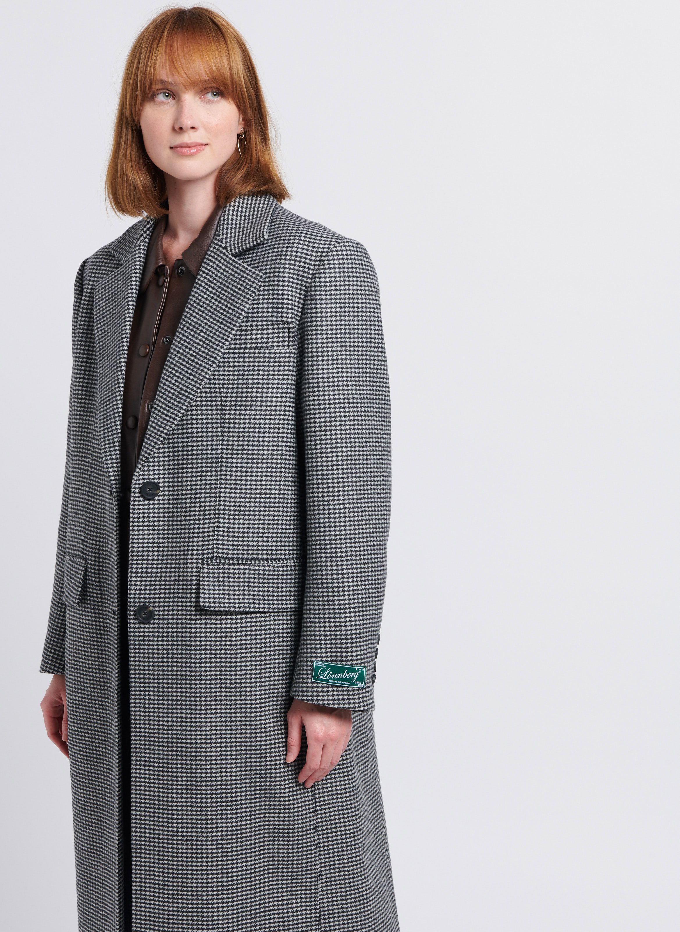 Manteau Long Col Tailleur Motif Pied de poule En Laine Vierge