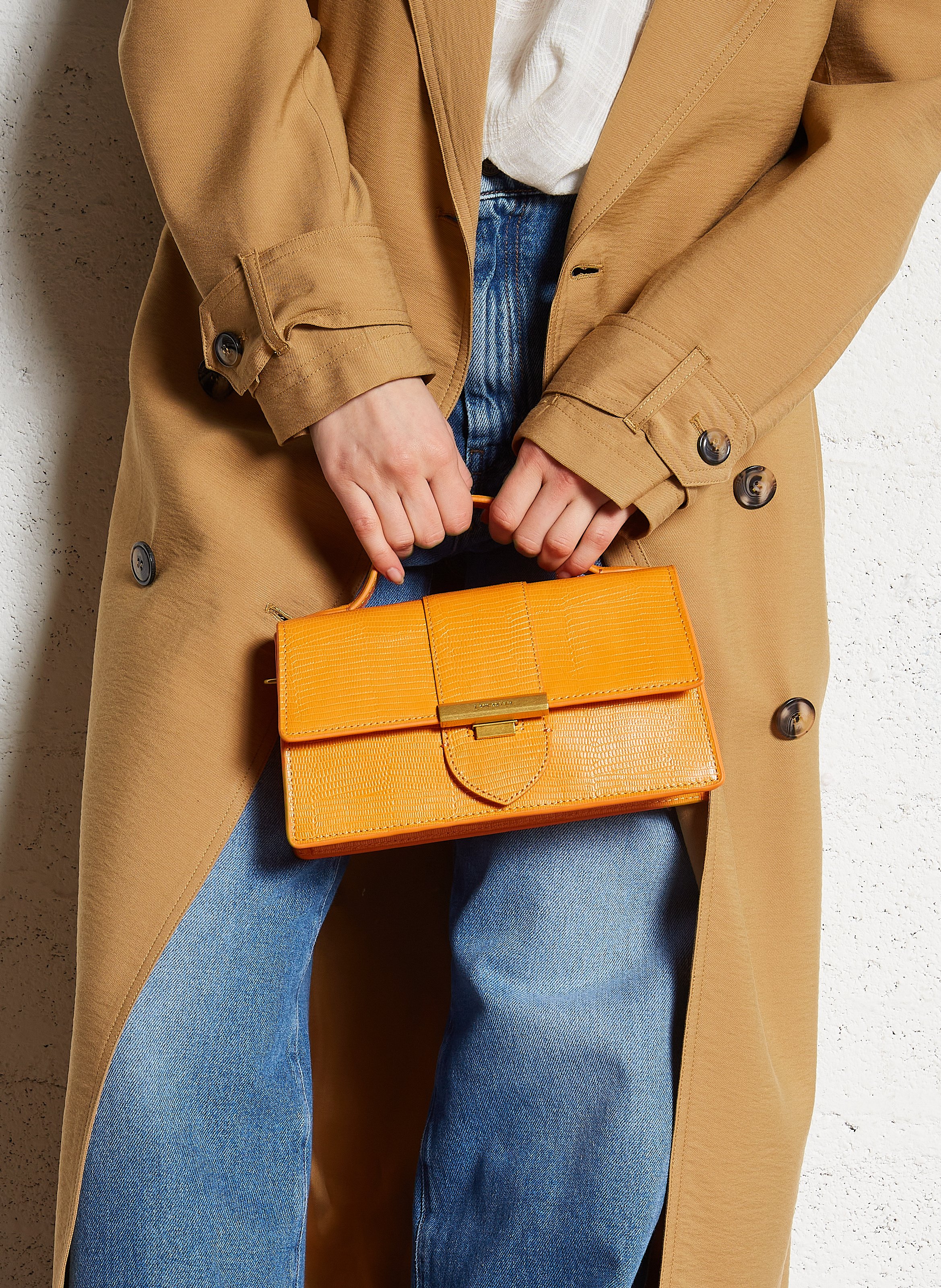 Grained leather baguette bag LANCASTER PARIS Orange