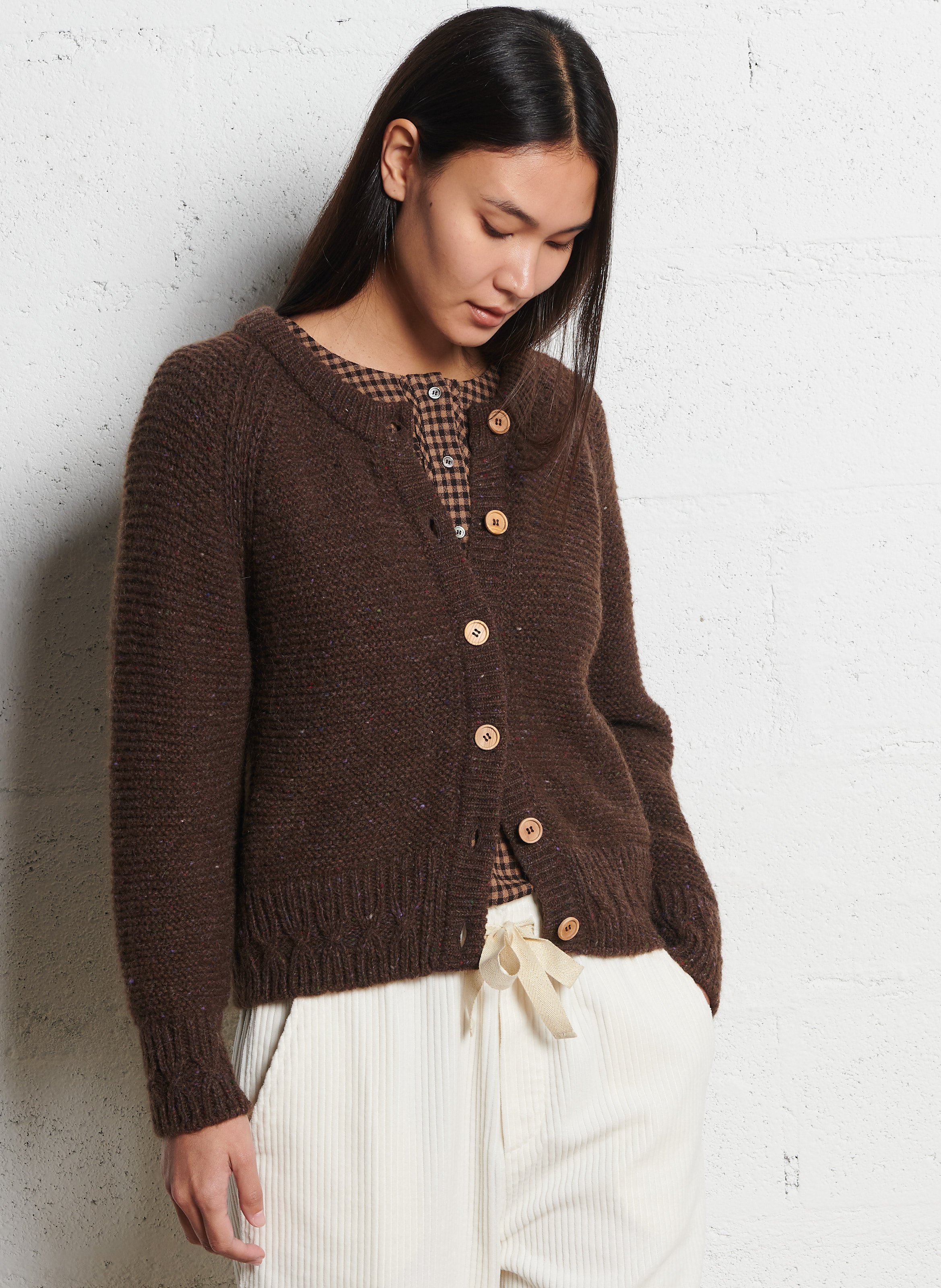 Gerade geschnittene Wollmix-Strickjacke mit Rundhalskragen EMILE ET IDA Braun