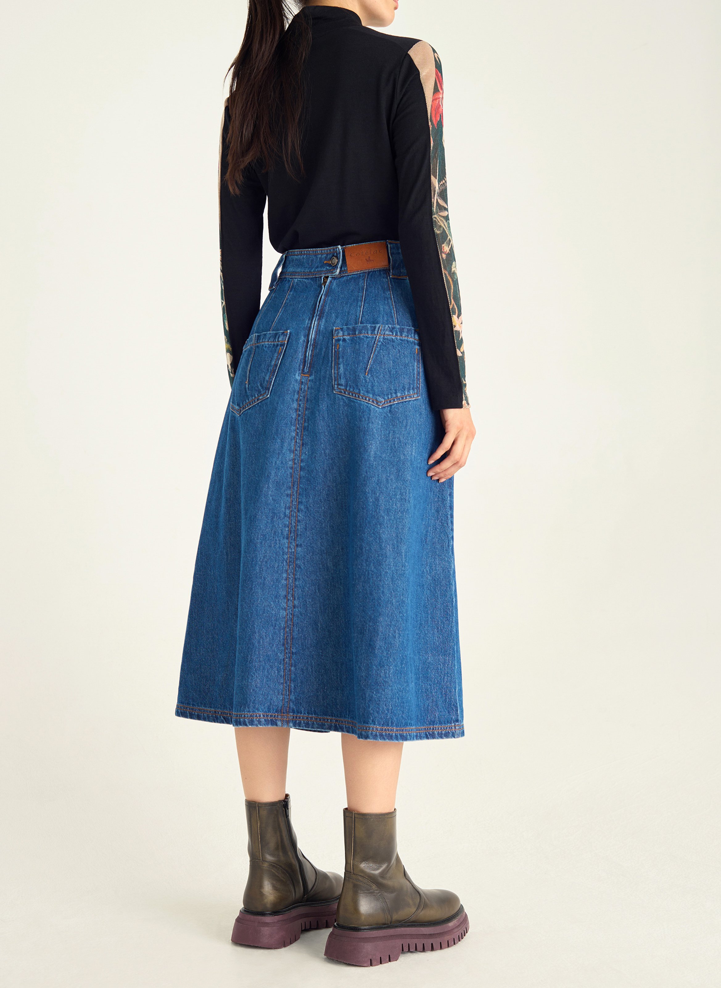 Jupe évasée taille haute en jean COTELAC Bleu