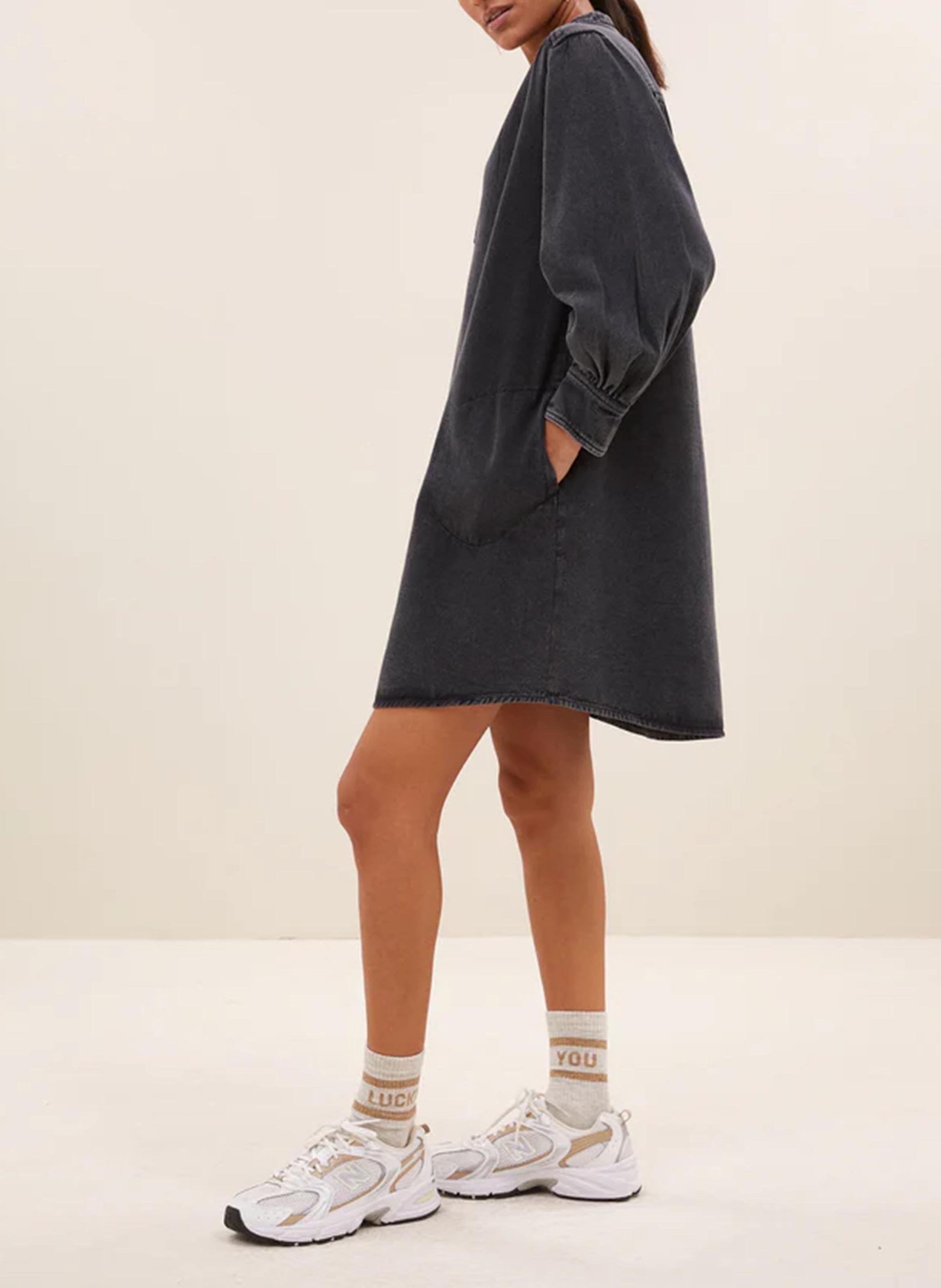 Robe droite col tunisien en denim BY BAR Noir