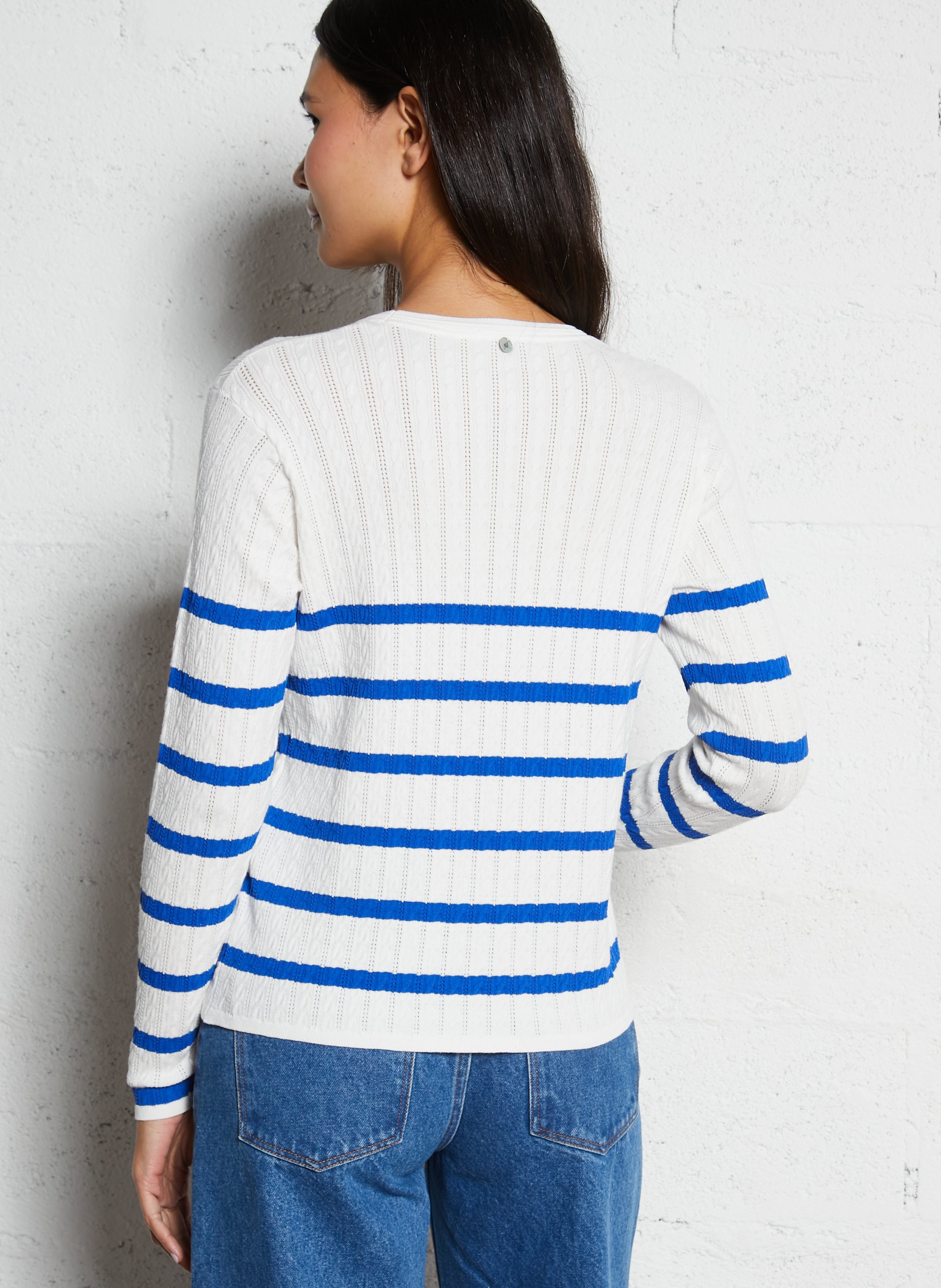 Pull droit en maille fantaisie rayée ONE STEP Blanc