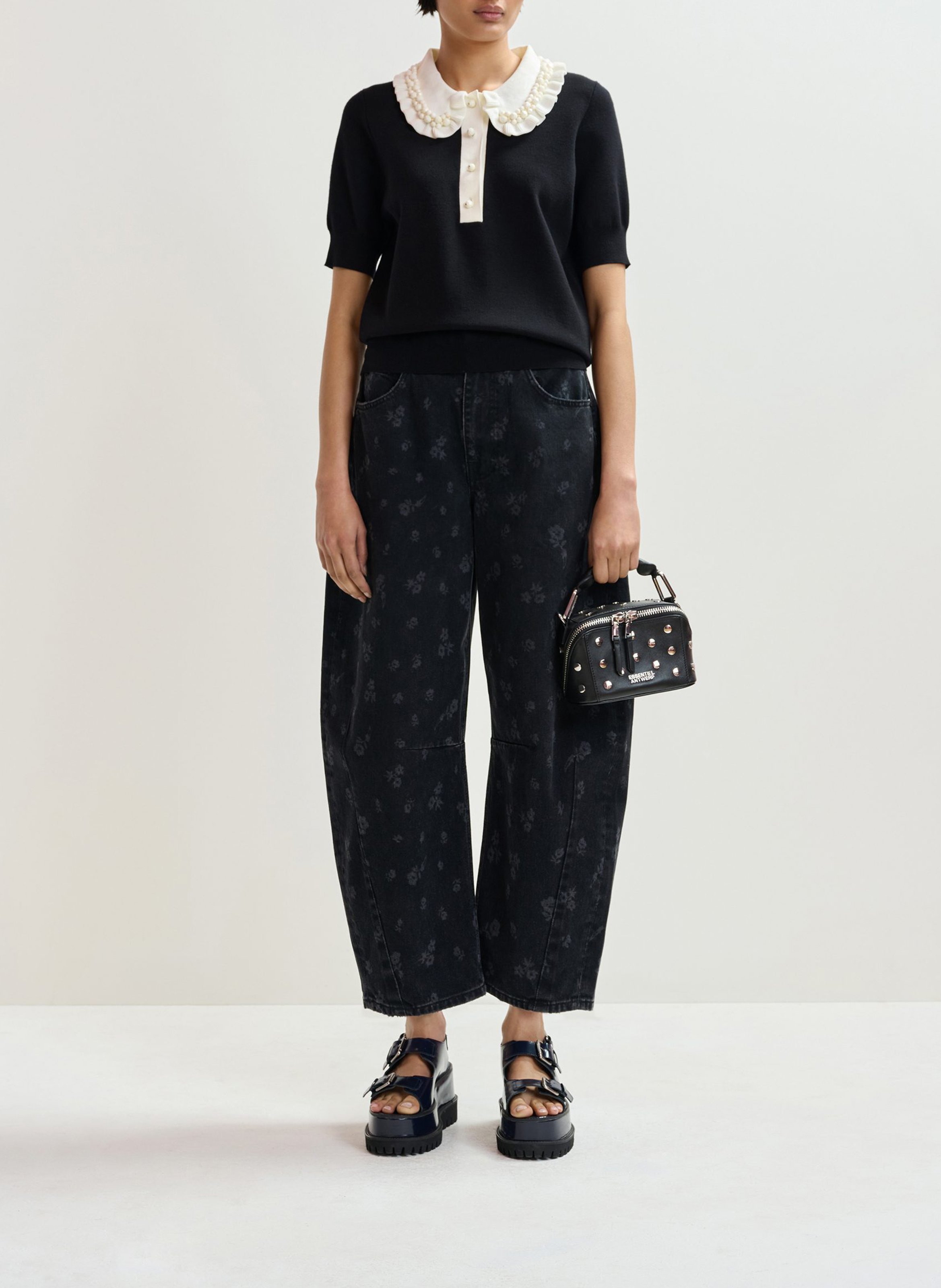 Short-sleeved plain polo with ruffles ESSENTIEL ANTWERP Black