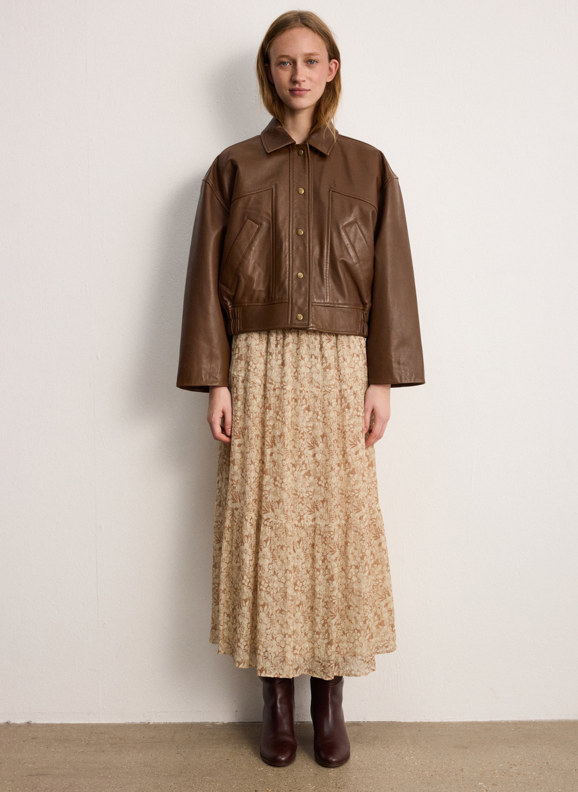 Straight leather jacket with classic collar PABLO Brown