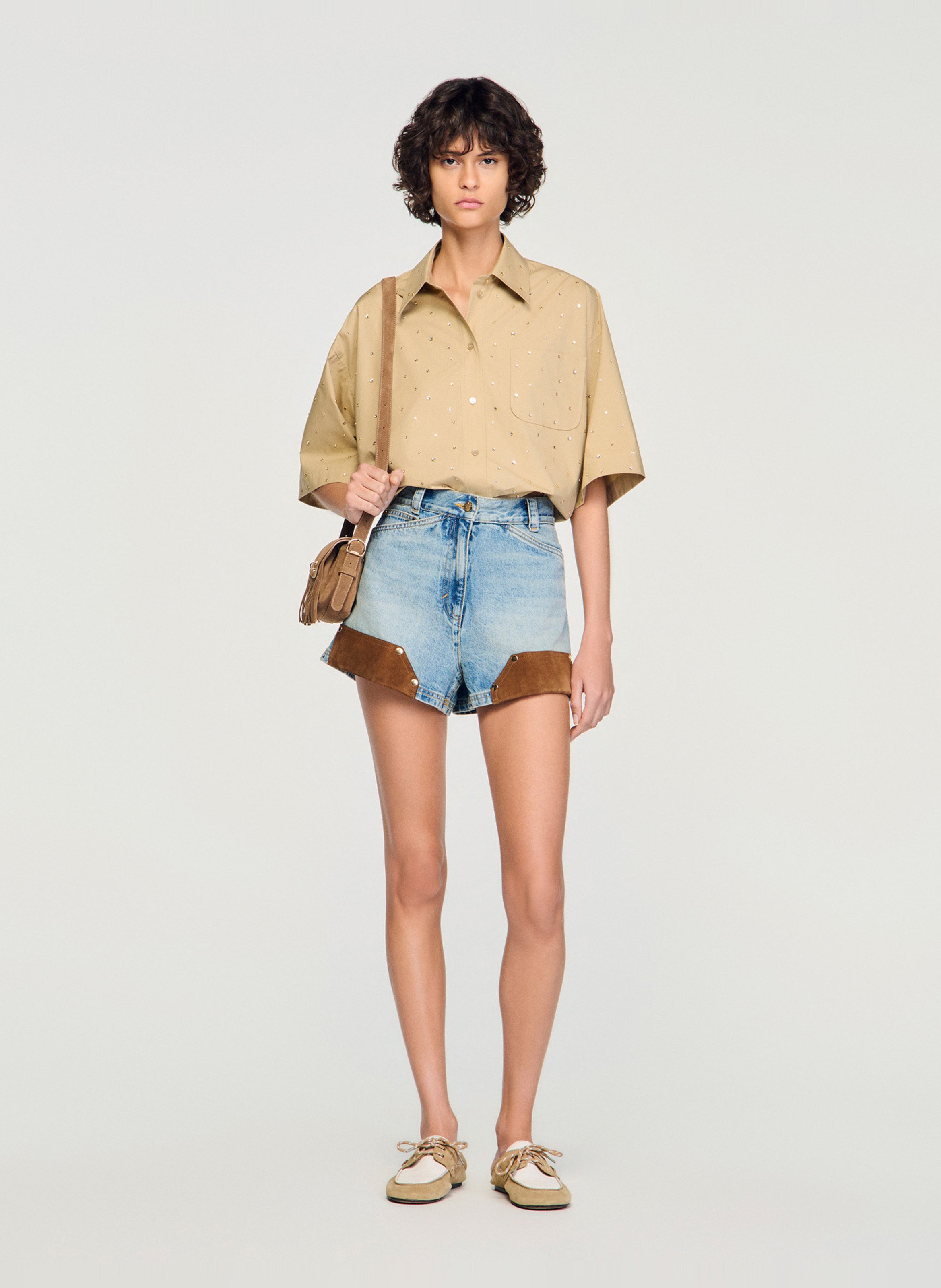 Wijdvallende korte blouse met strass SANDRO Beige