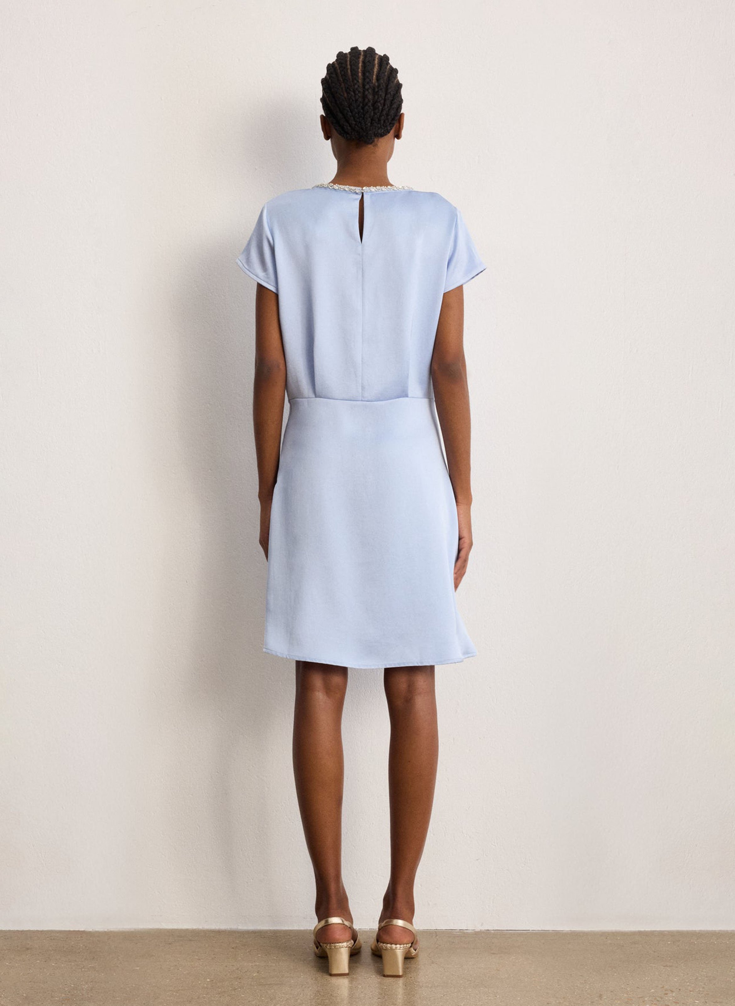 Short dress with rhinestone collar in satin PABLO Blue