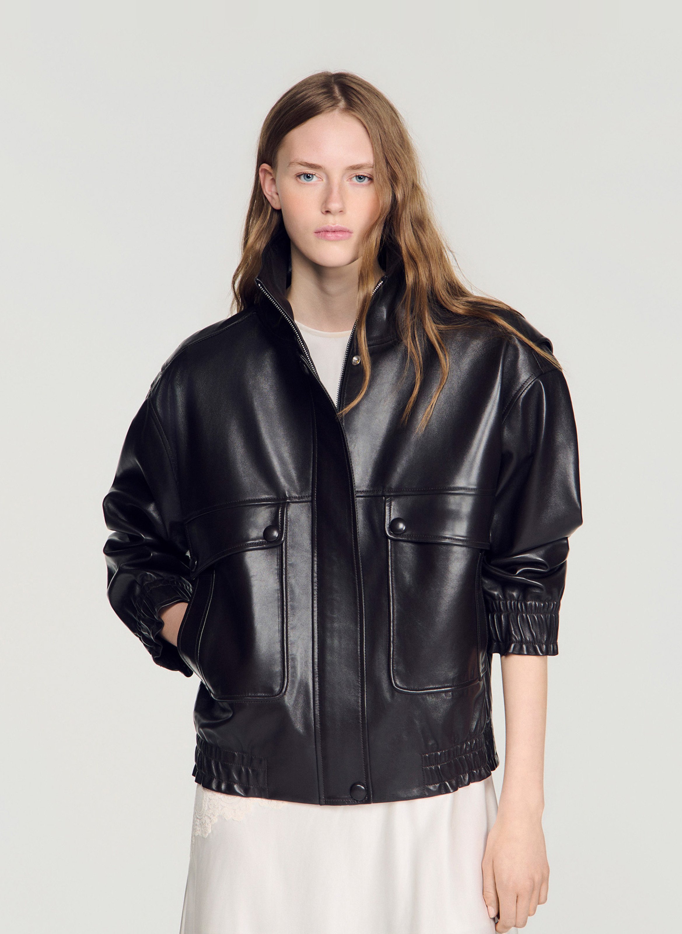 Leather jacket with stand-up collar SANDRO Brown