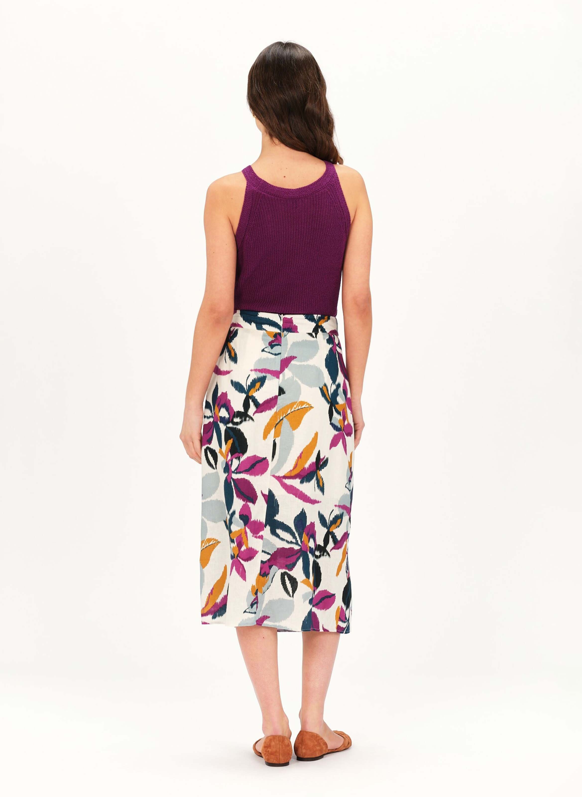 Printed linen-blend midi skirt CAROLL Plums