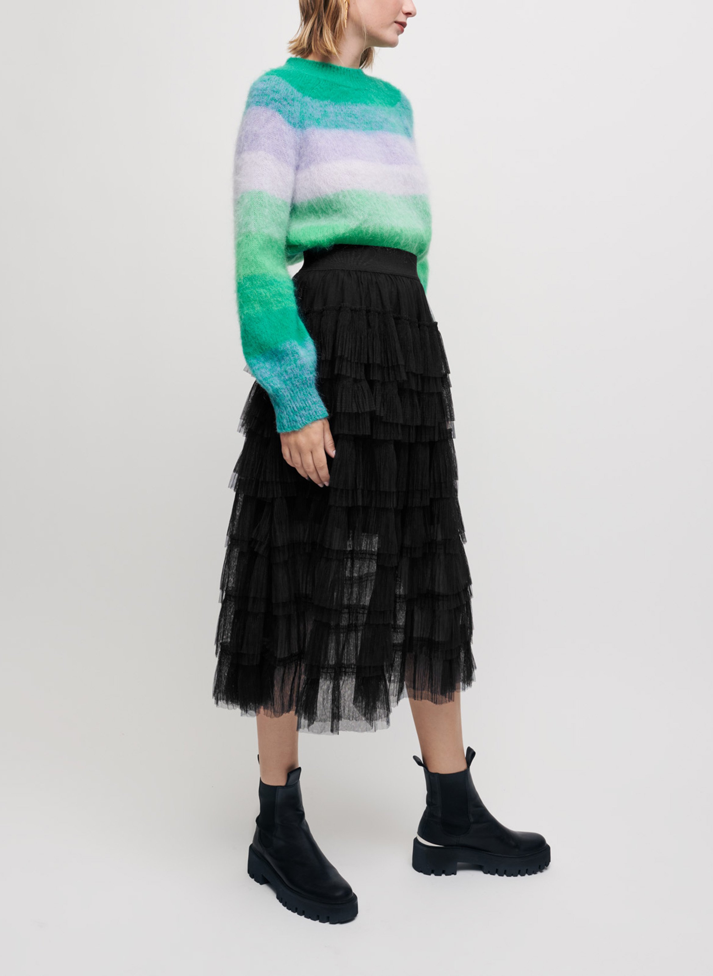 Jupe midi à volants en tulle MAJE Noir
