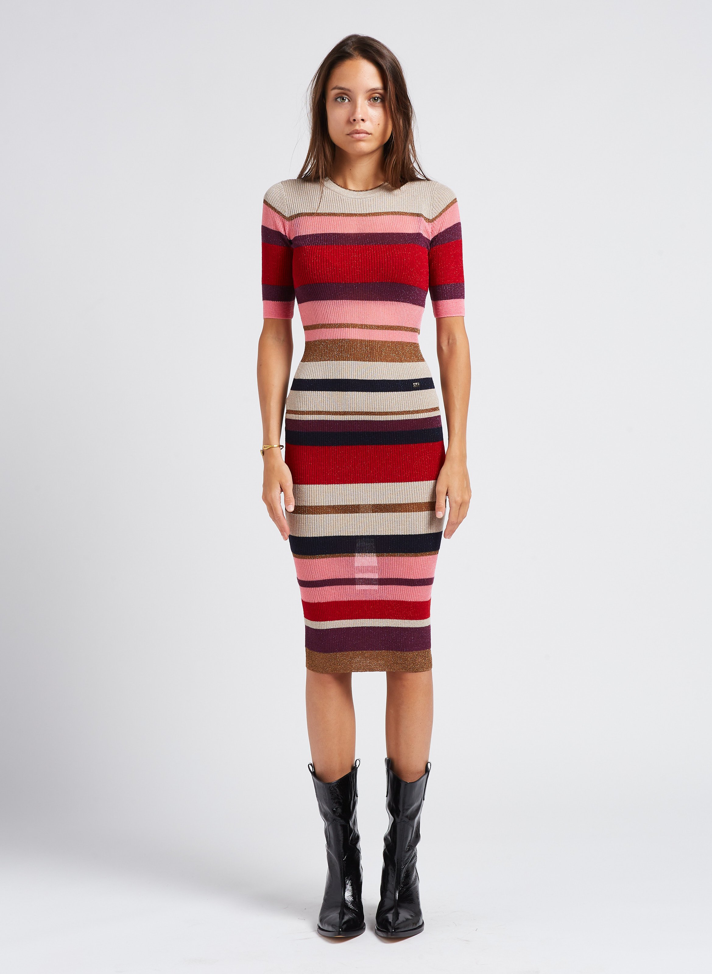 Striped Round neck Midi Dress In Wool Multico Raye Sonia Rykiel