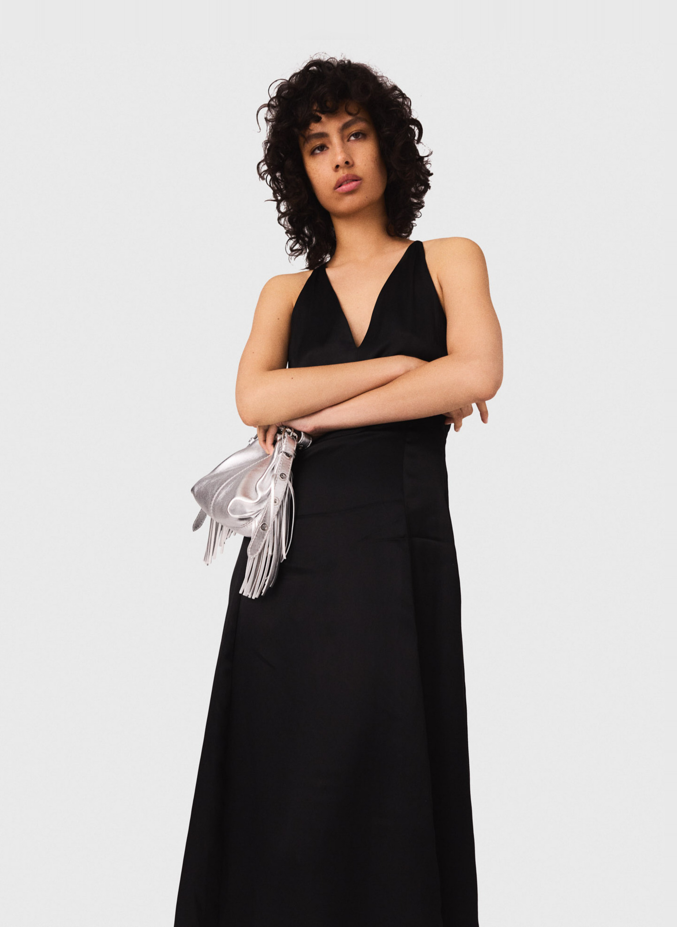 Long satin dress with V-neck MAJE Black
