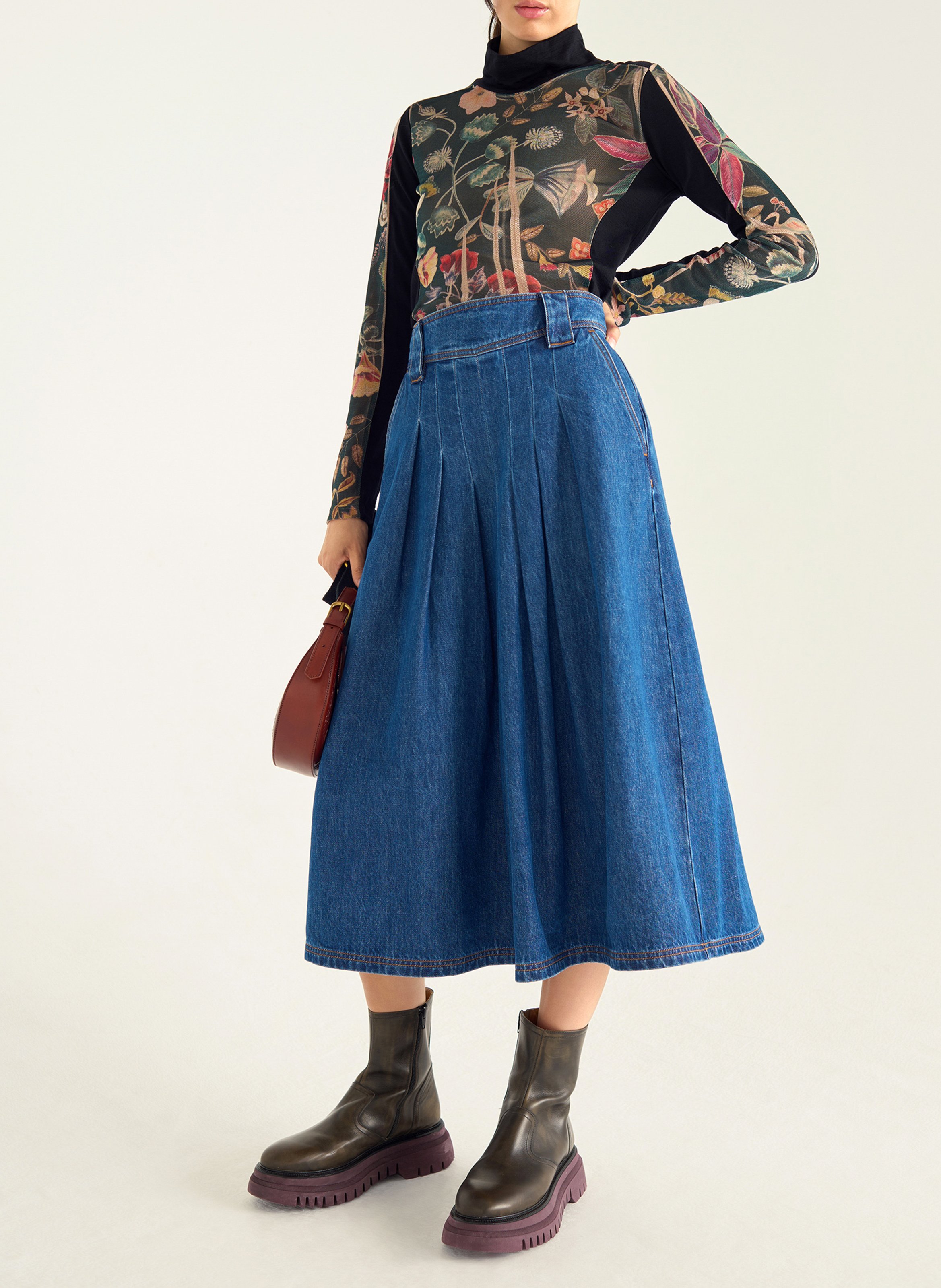 Jupe évasée taille haute en jean COTELAC Bleu