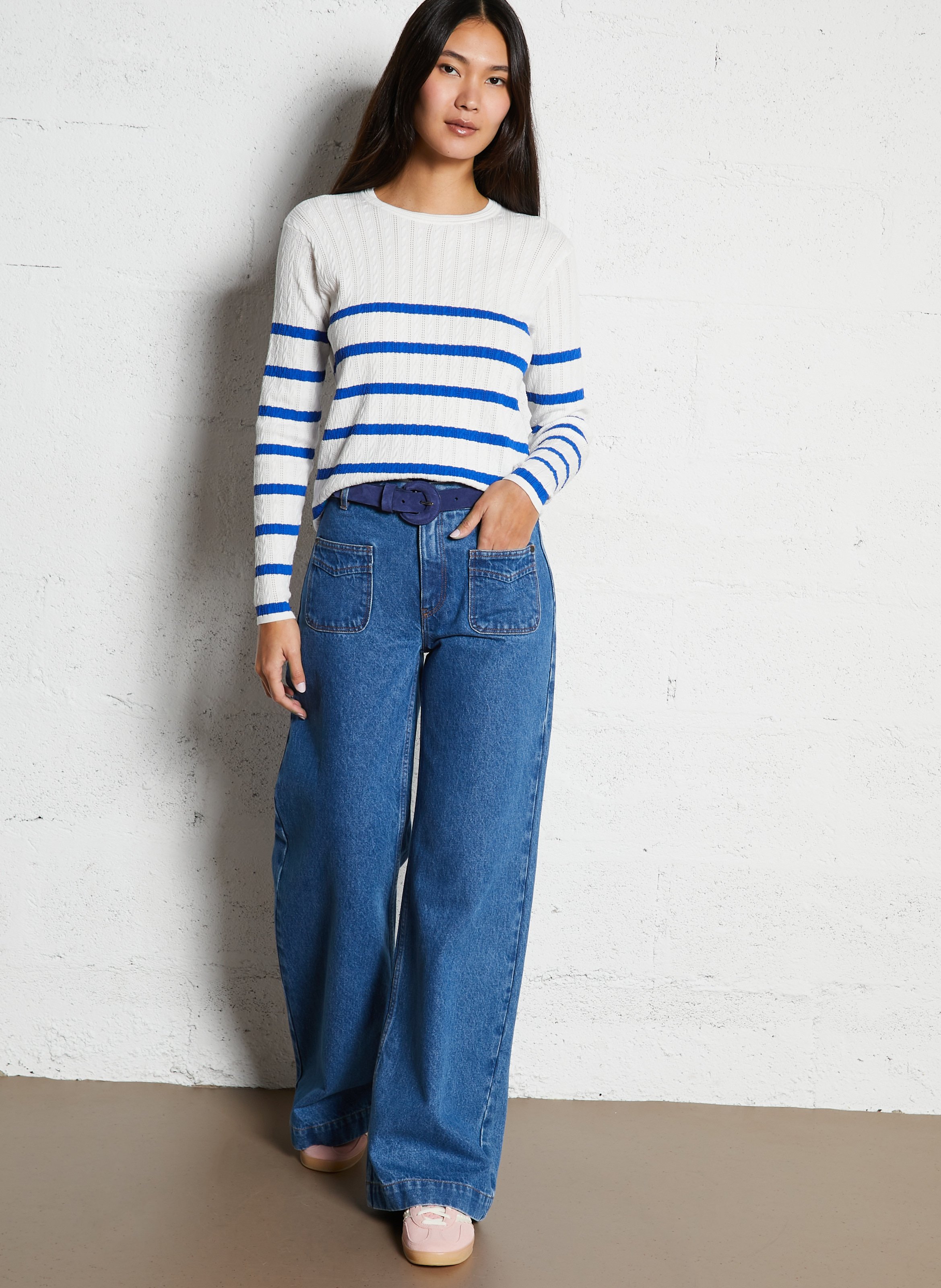 Pull droit en maille fantaisie rayée ONE STEP Blanc