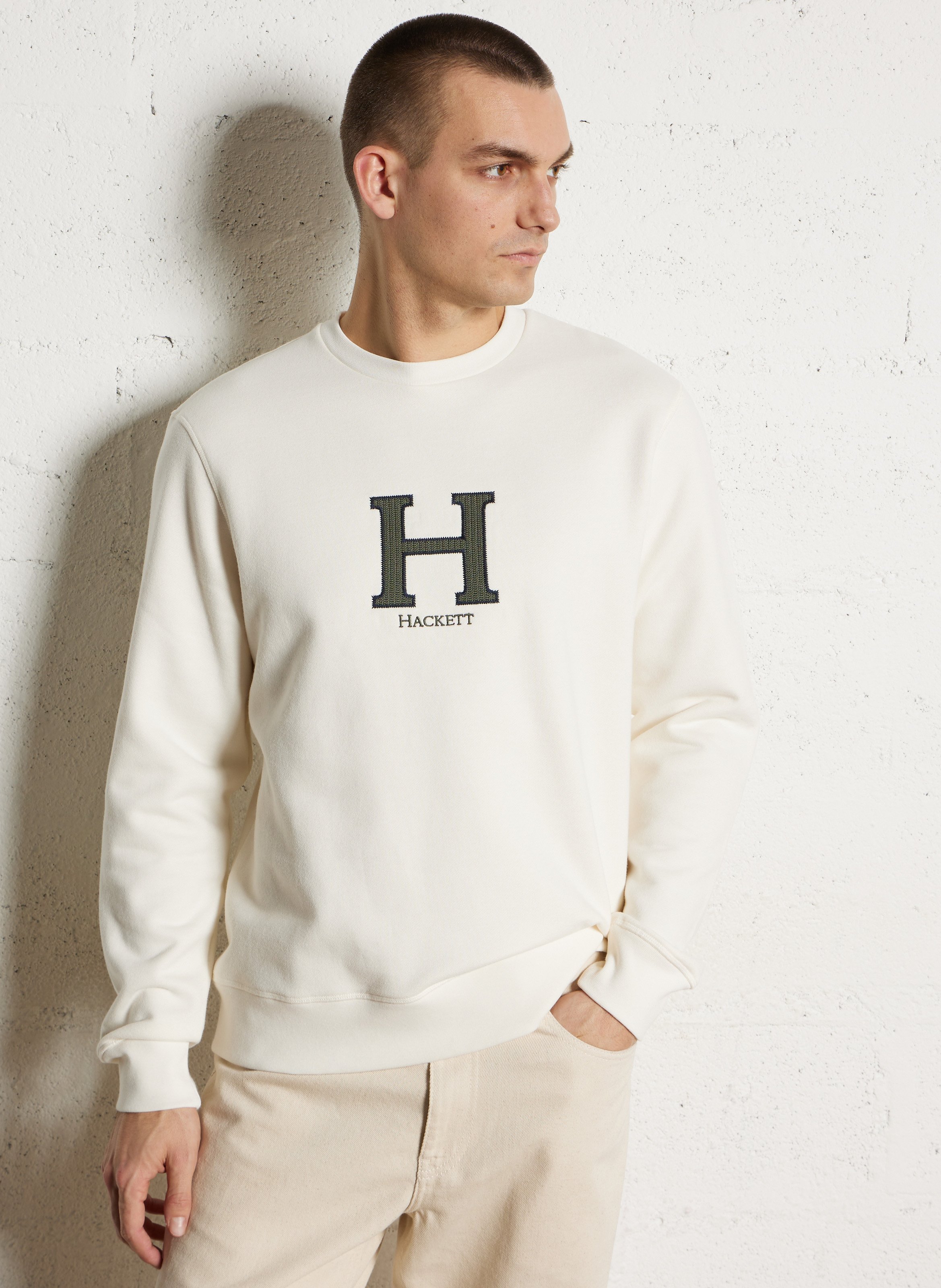 Sweat droit uni à broderie avant HACKETT Blanc