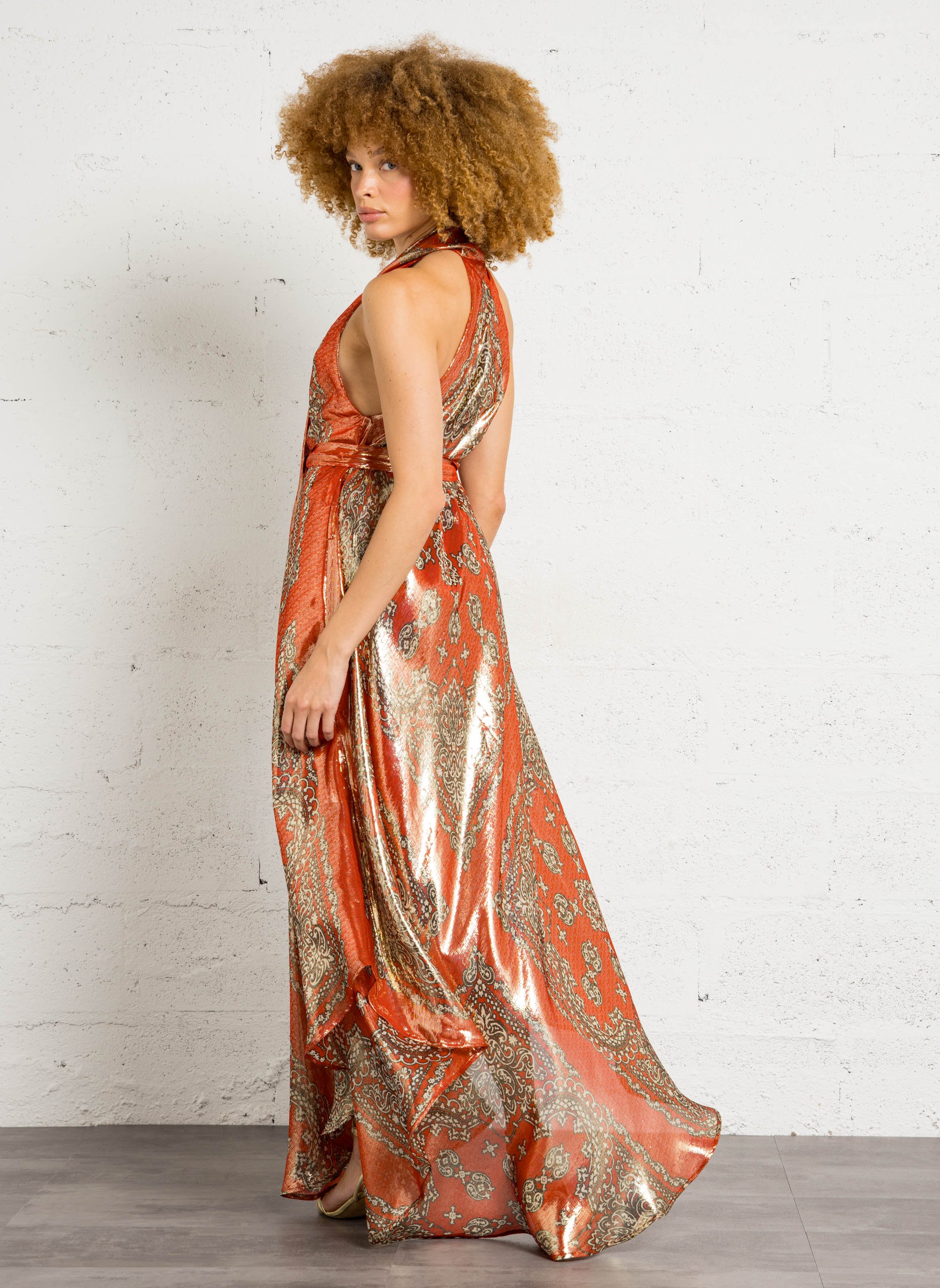 Bedrucktes V-Ausschnitt-Kleid mit Metallic-Details MES DEMOISELLES Rot